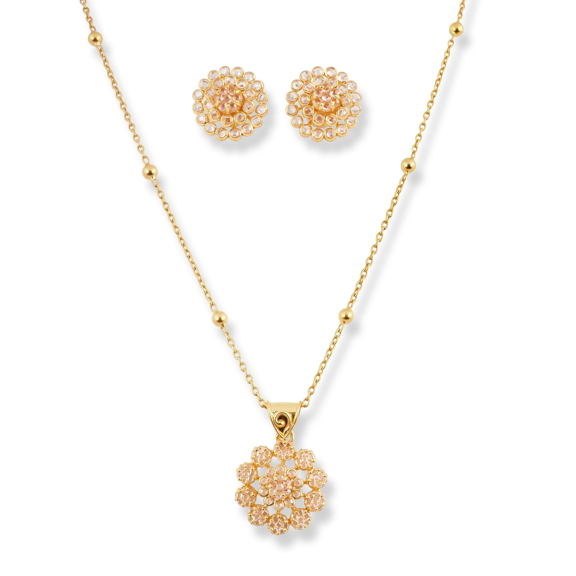 22ct Yellow Gold Necklace & Earring Suite with Polki Style Cubic Zirconia Stones - Minar Jewellers