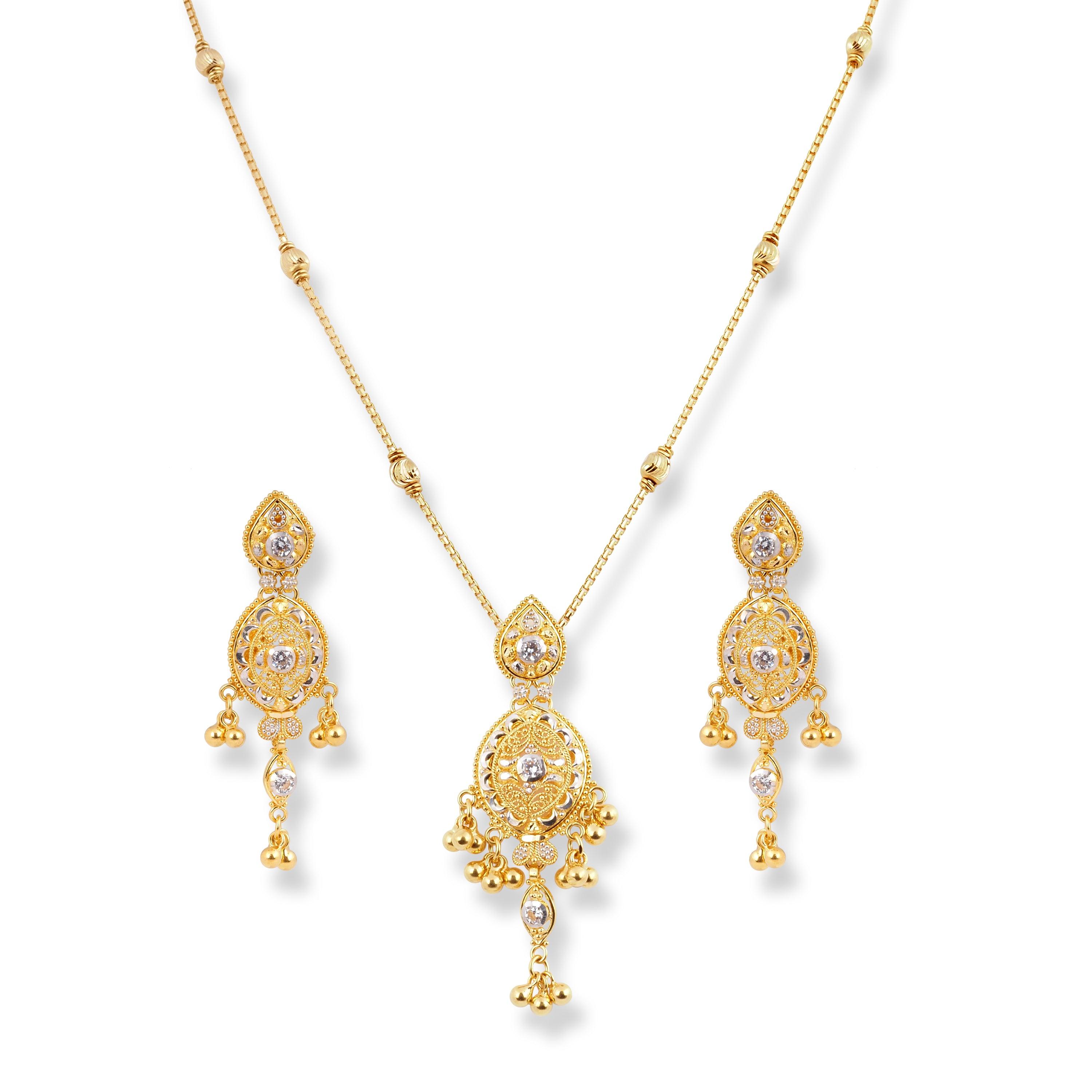 22ct Yellow Gold Necklace & Earrings in Cubic Zirconia Stones & Rhodium Plating Design - Minar Jewellers