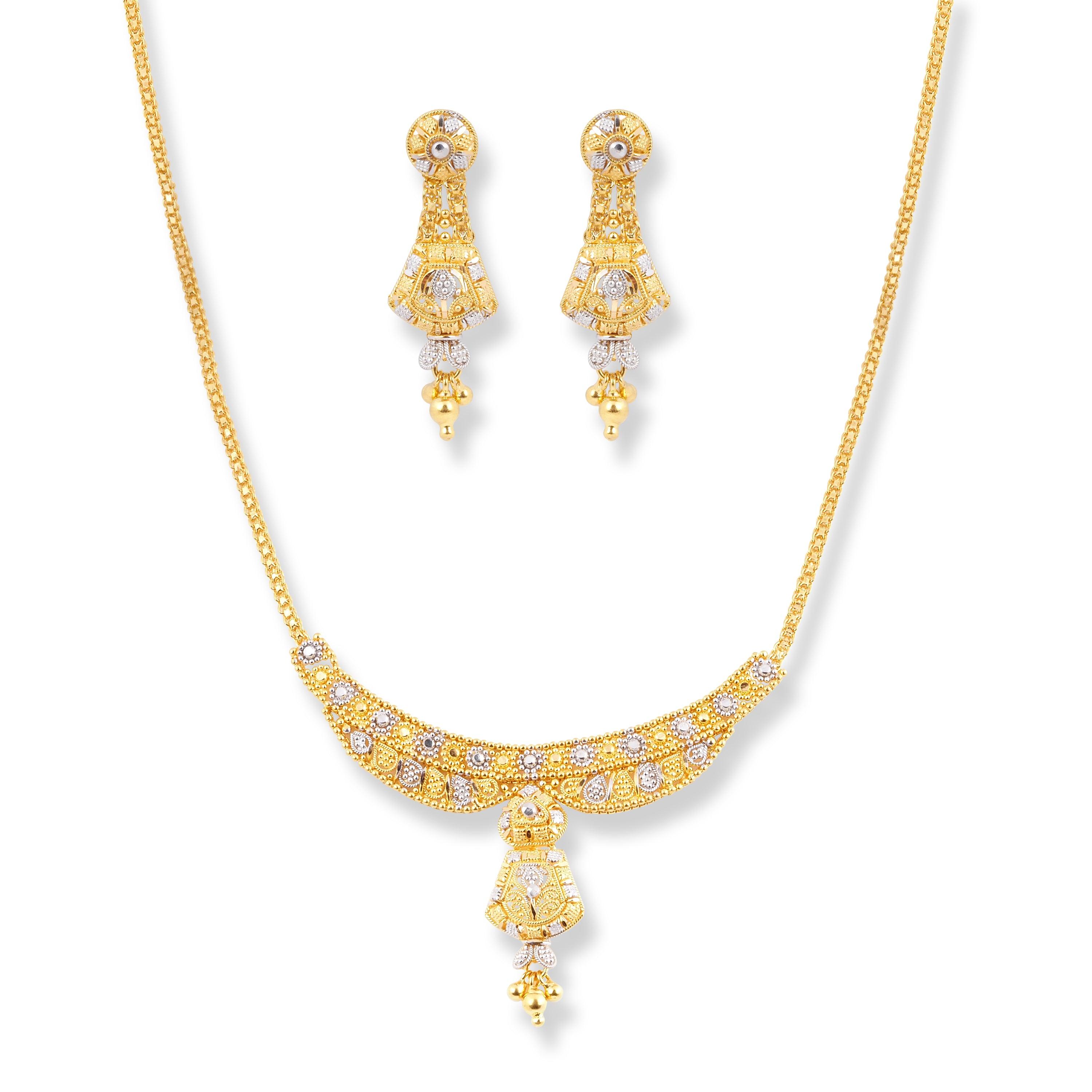 22ct Yellow Gold Necklace & Earring Set With Rhodium Plating Design N-7060 E-7060A - Minar Jewellers