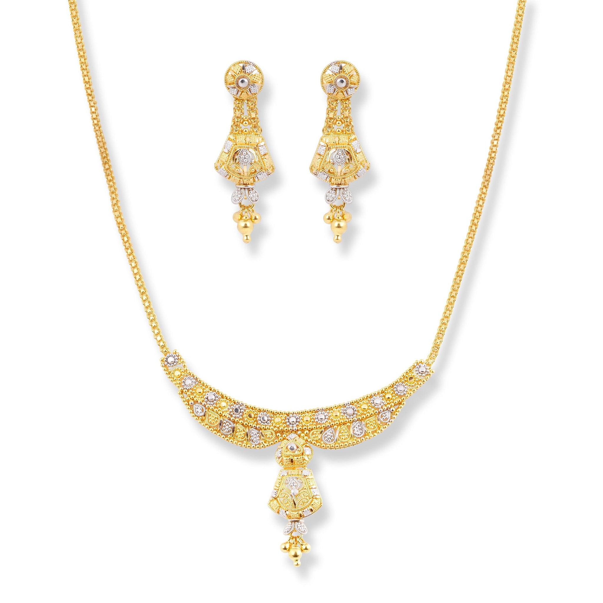 22ct Yellow Gold Necklace & Earring Set With Rhodium Plating Design