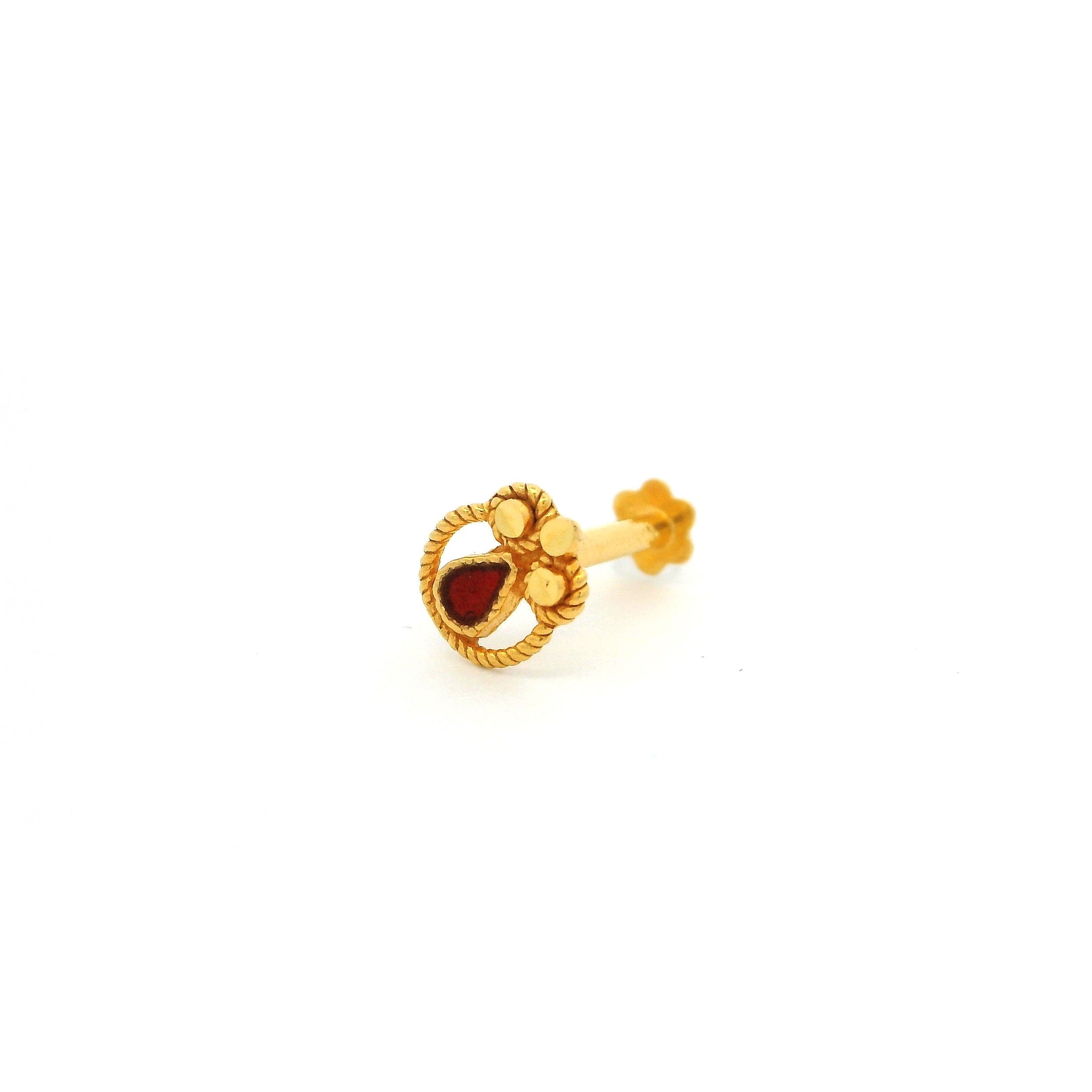 18ct Yellow Gold Screw Back Nose Stud with Red Enamel.