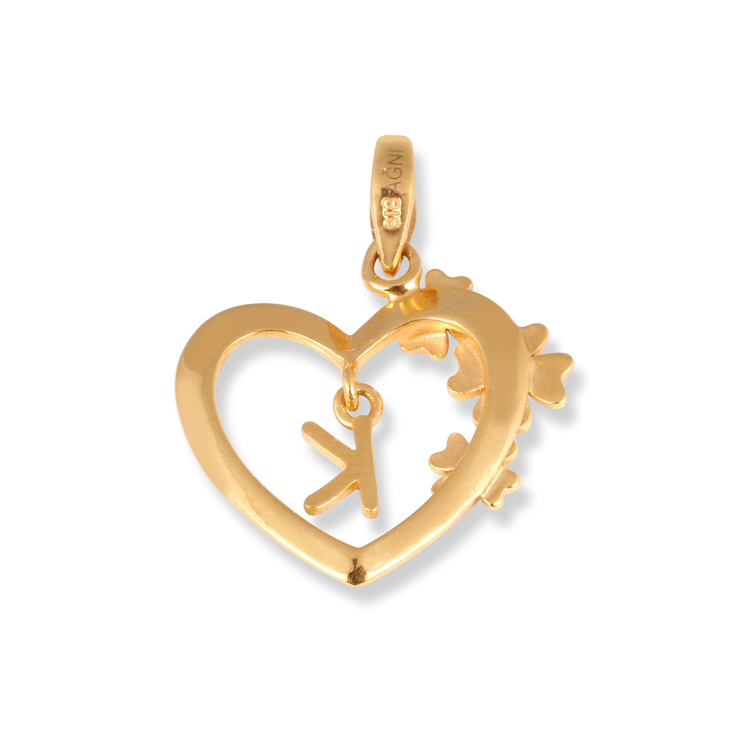 'K' 22ct Gold Heart Shape Initial Pendant with Flower Design P-7035-K - Minar Jewellers