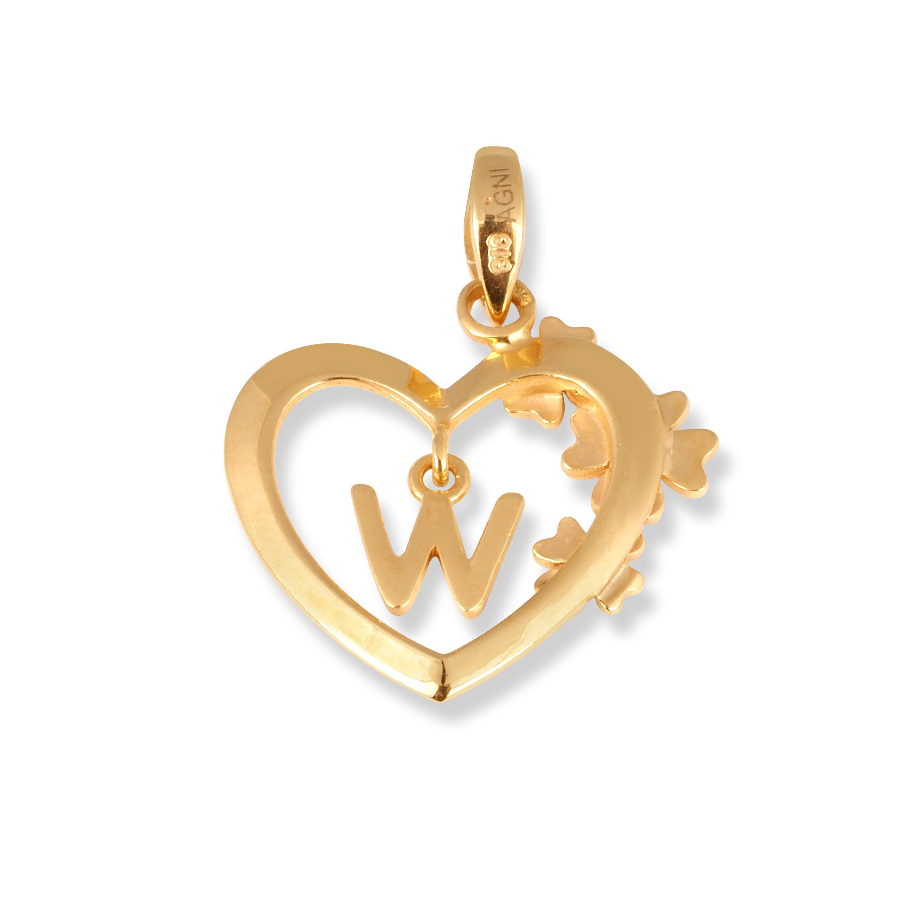 'W' 22ct Gold Heart Shape Initial Pendant with Flower Design P-7035-W - Minar Jewellers