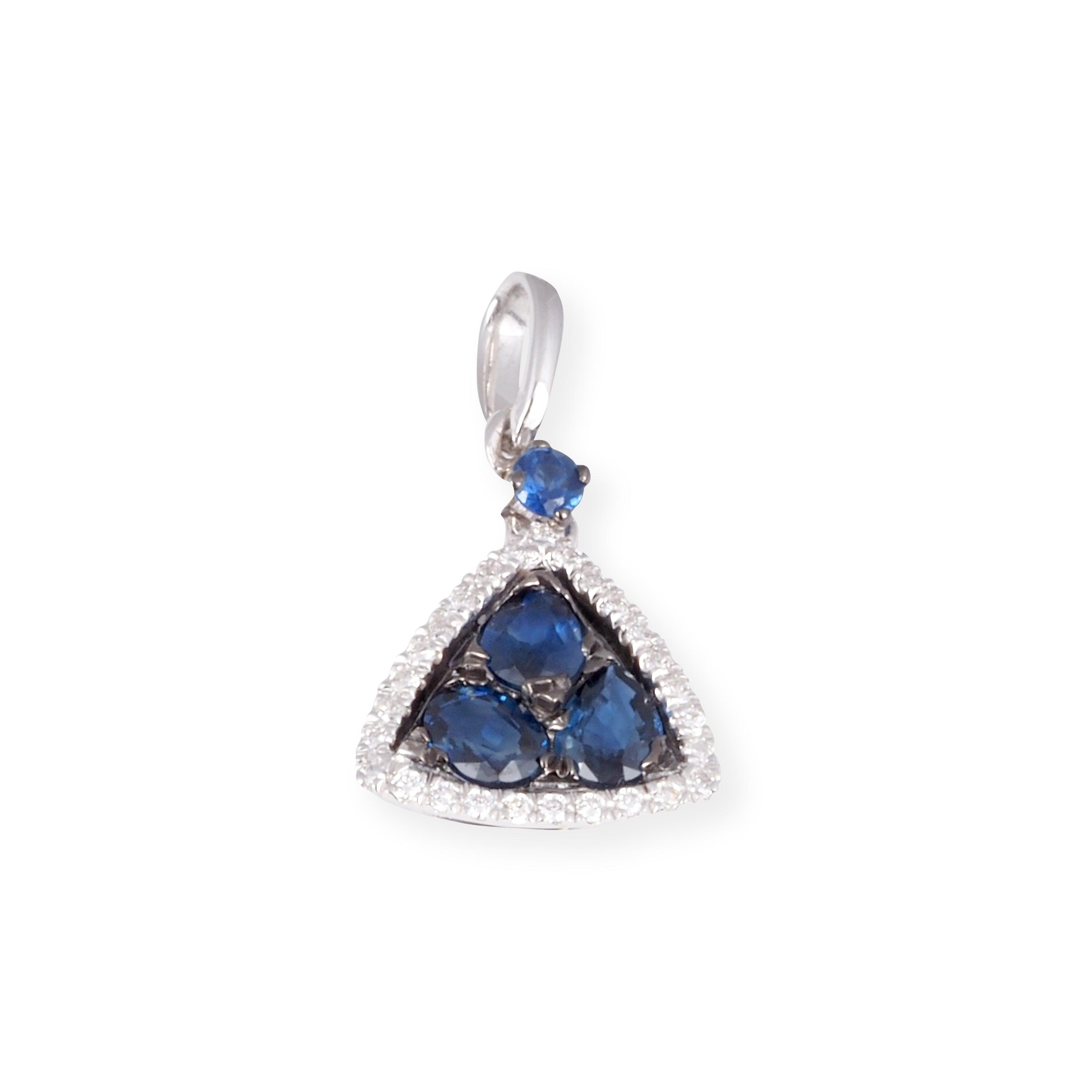 18ct White Gold Diamond and Blue Sapphire Triangle Pendant & Earrings P-7968/E-P7968 - Minar Jewellers
