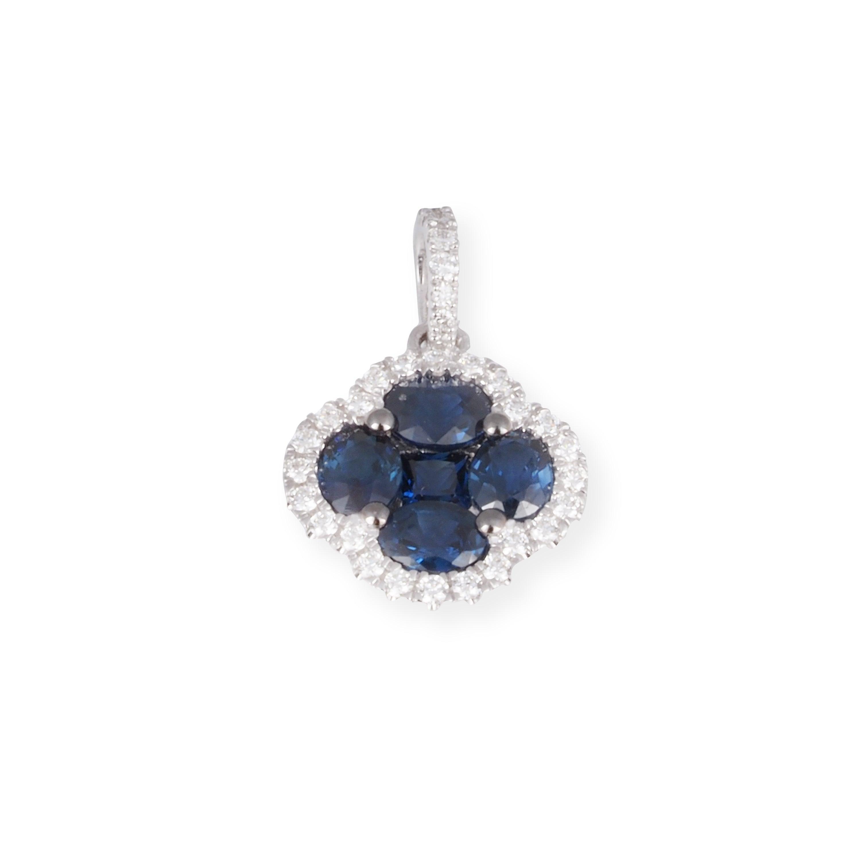 18ct White Gold Diamond and Blue Sapphire Leaf Pendant P-7969 - Minar Jewellers
