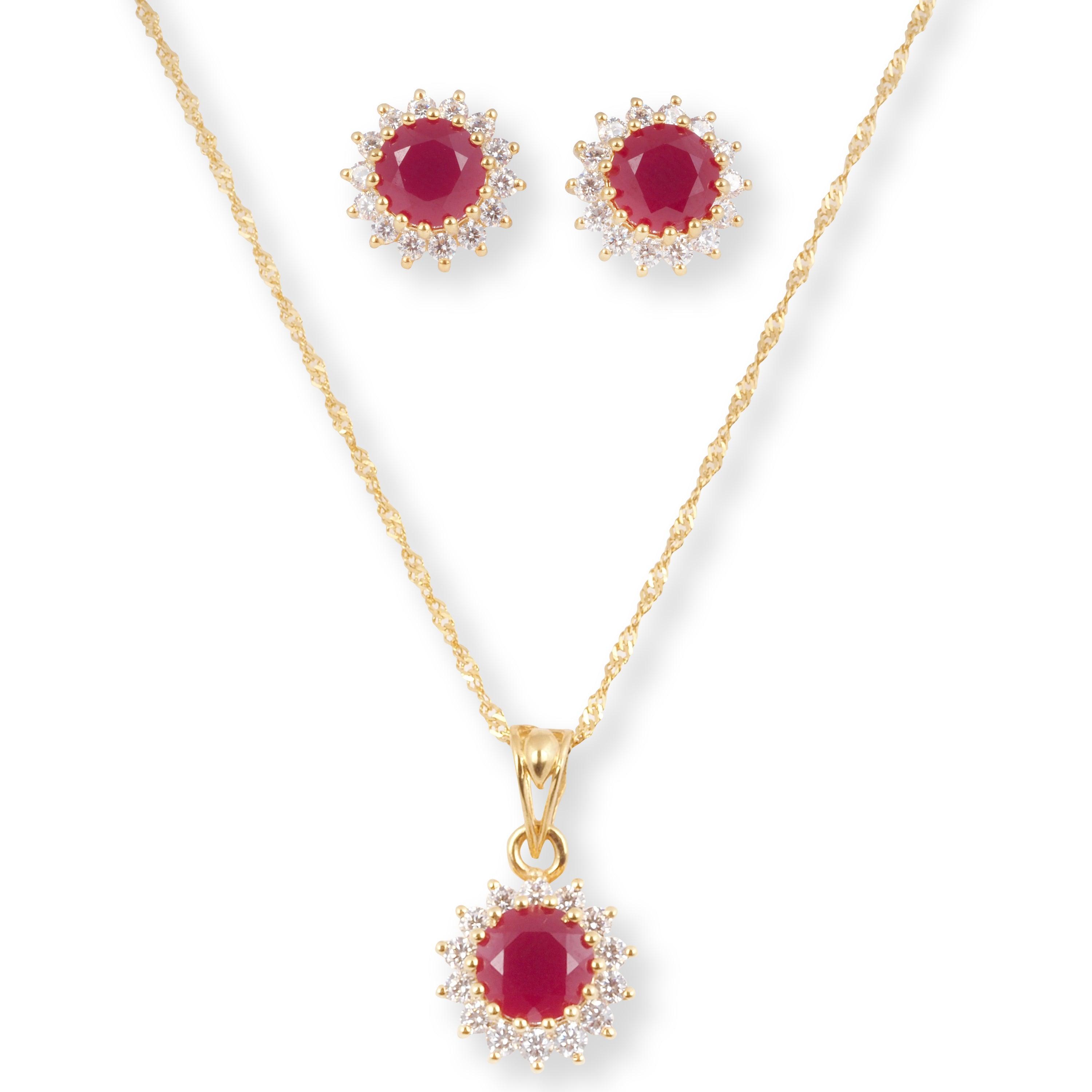 22ct Yellow Gold Pendant Set with Red Stone an Cubic Zirconia Stones P-8002 E-8002A - Minar Jewellers