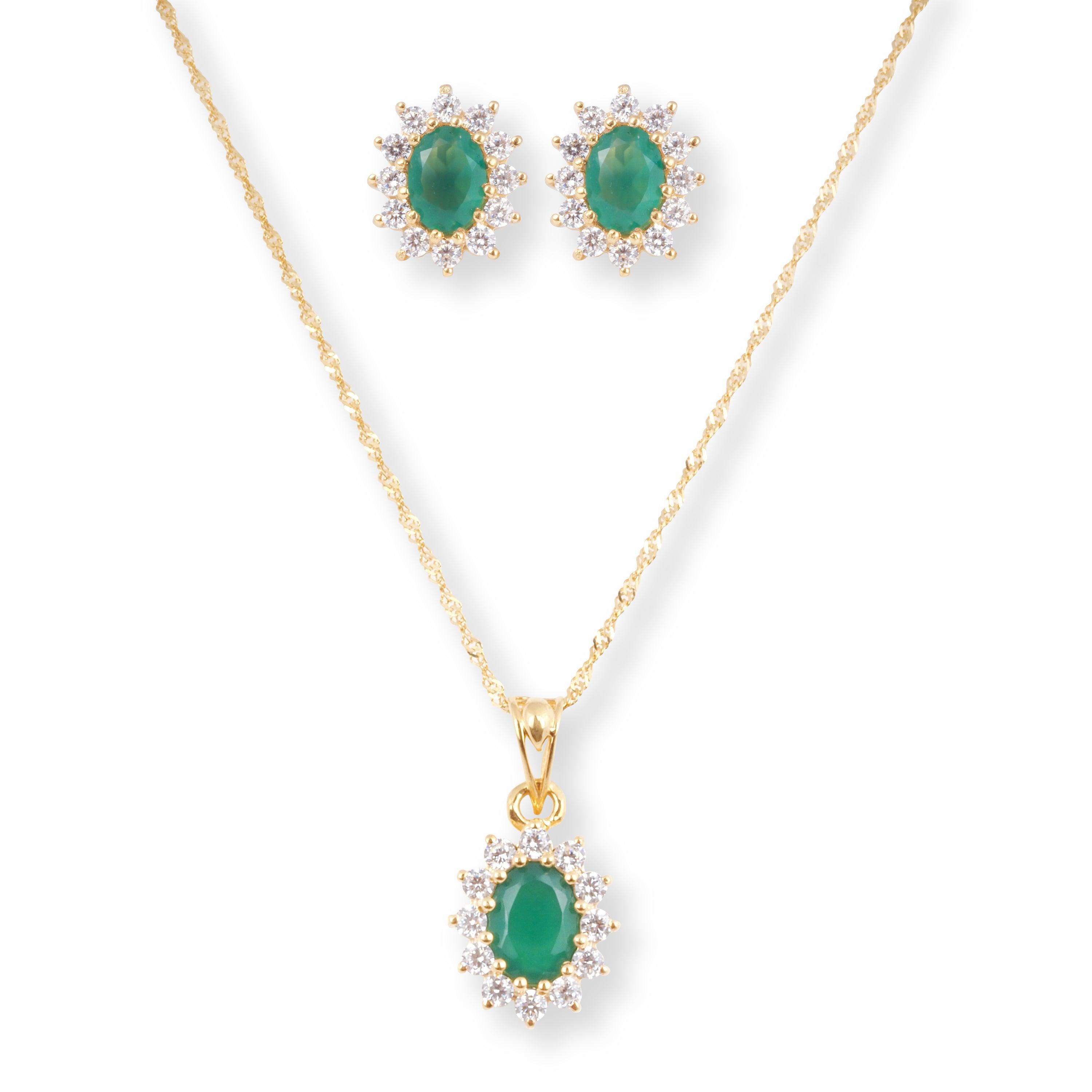 22ct Yellow Gold Pendant Set with Green Stone an Cubic Zirconia Stones P-8003 E-8003A - Minar Jewellers