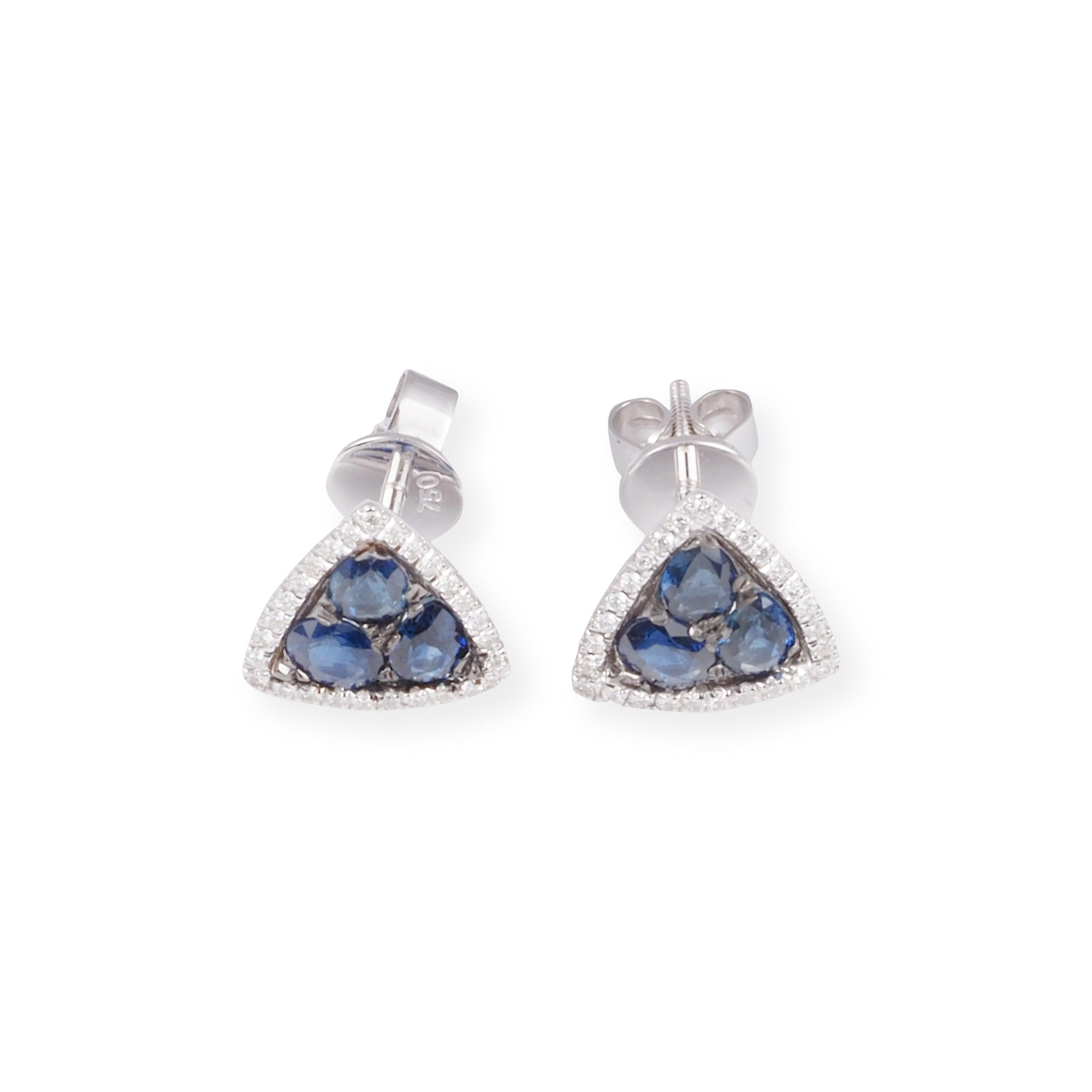 18ct White Gold Diamond and Blue Sapphire Triangle Pendant & Earrings P-7968/E-P7968 - Minar Jewellers