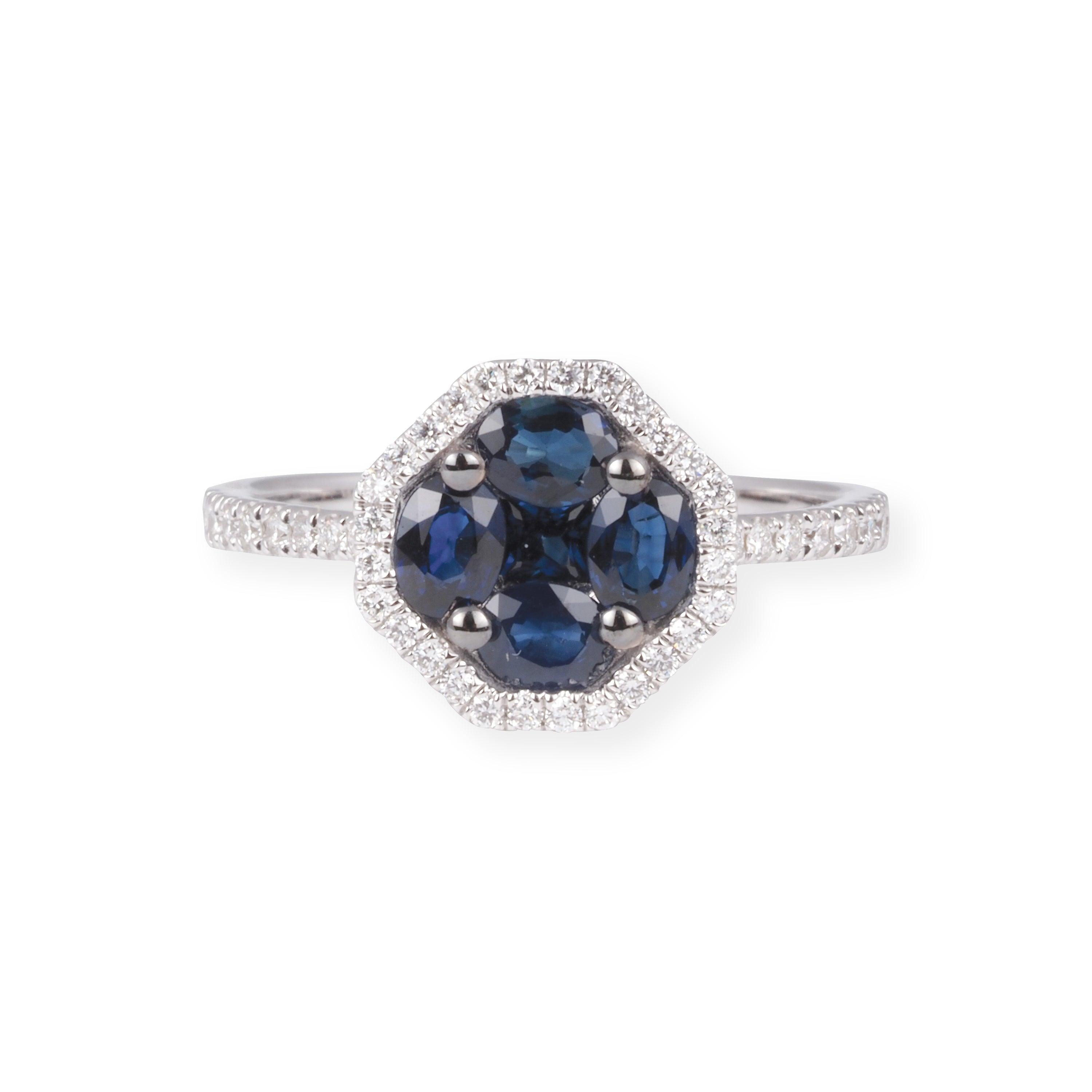 18ct White Gold Diamond and Blue Sapphire Cluster Ring LR-7030 - Minar Jewellers