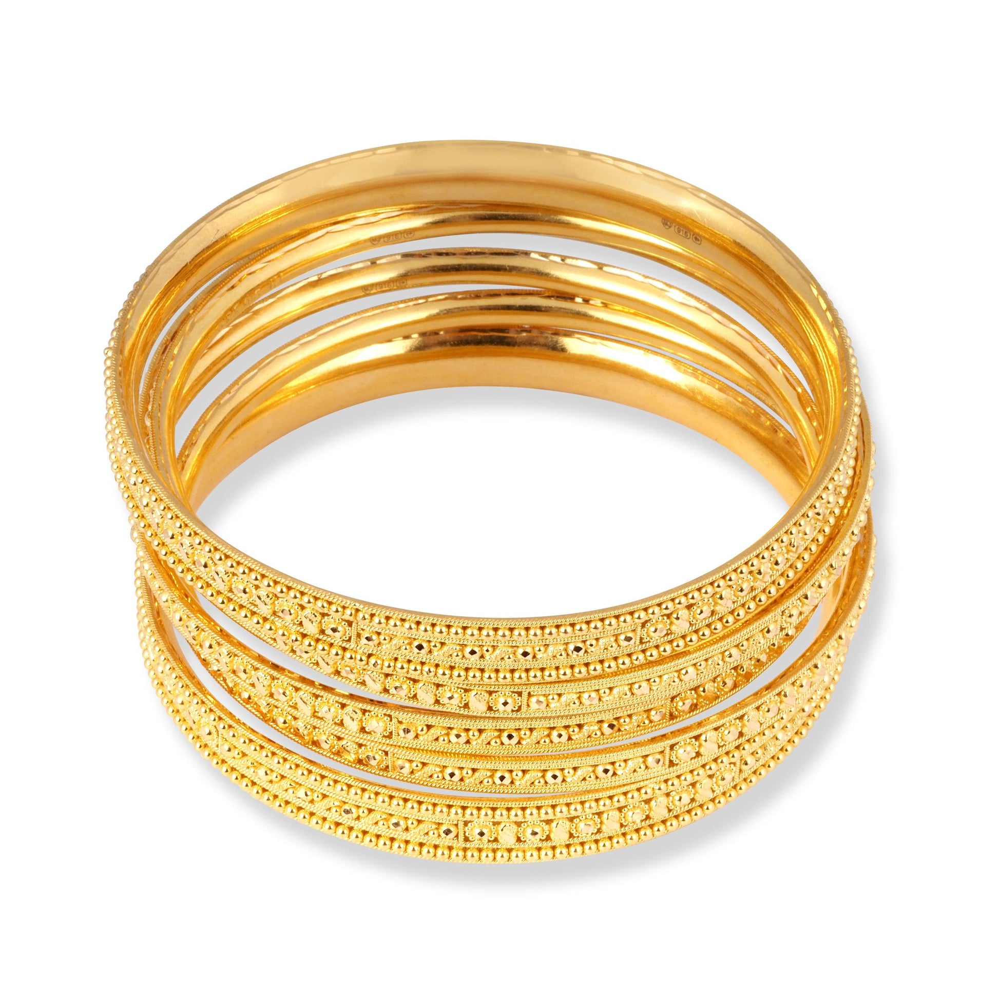 Set of Six 22ct Gold Bangles with Diamond Cut Beads & Flower Design B-8578 - Minar Jewellers