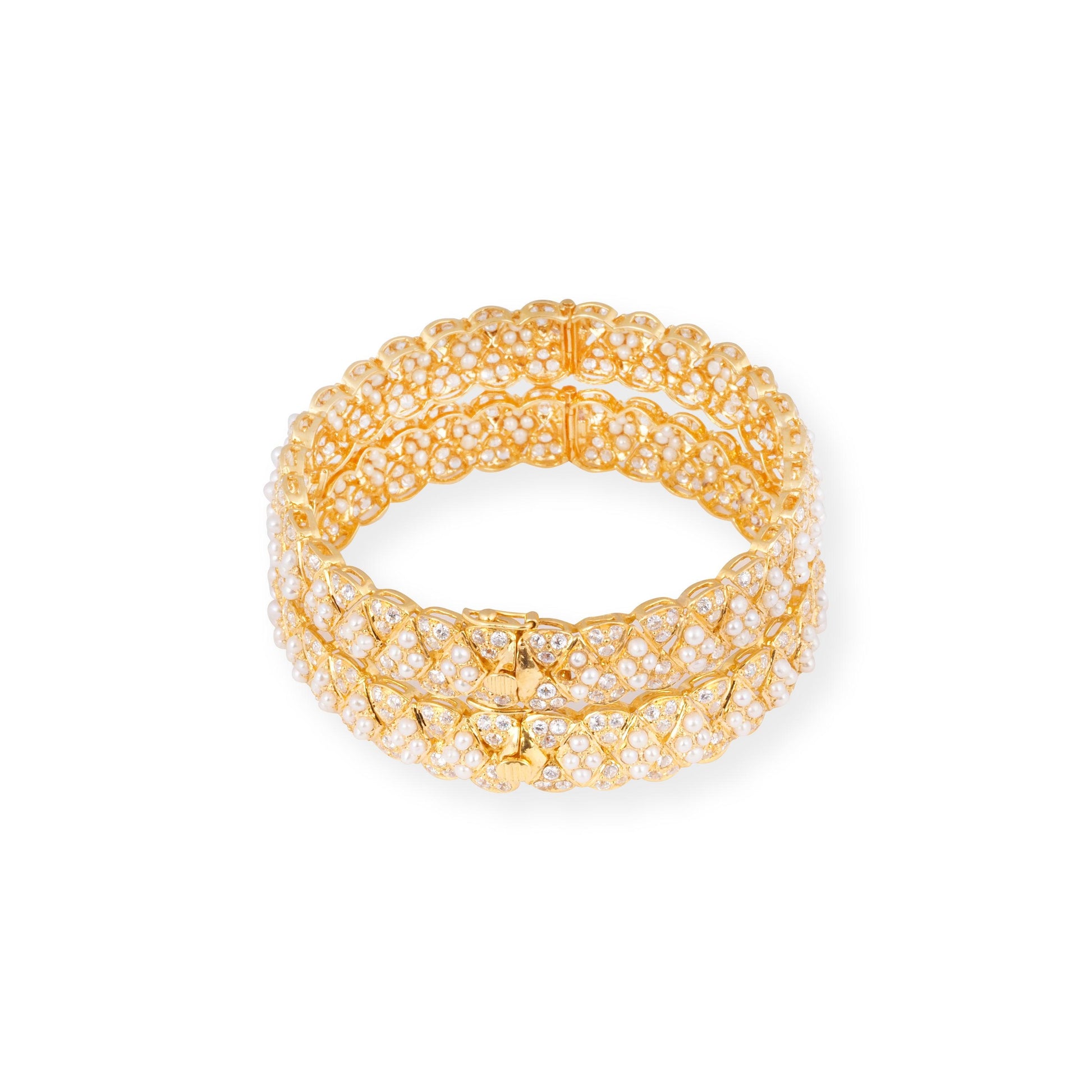 22ct Gold Openable Bangle in Cultured Pearls and Cubic Zirconia Stones with Tongue & Lip Clasp B-8597 - Minar Jewellers
