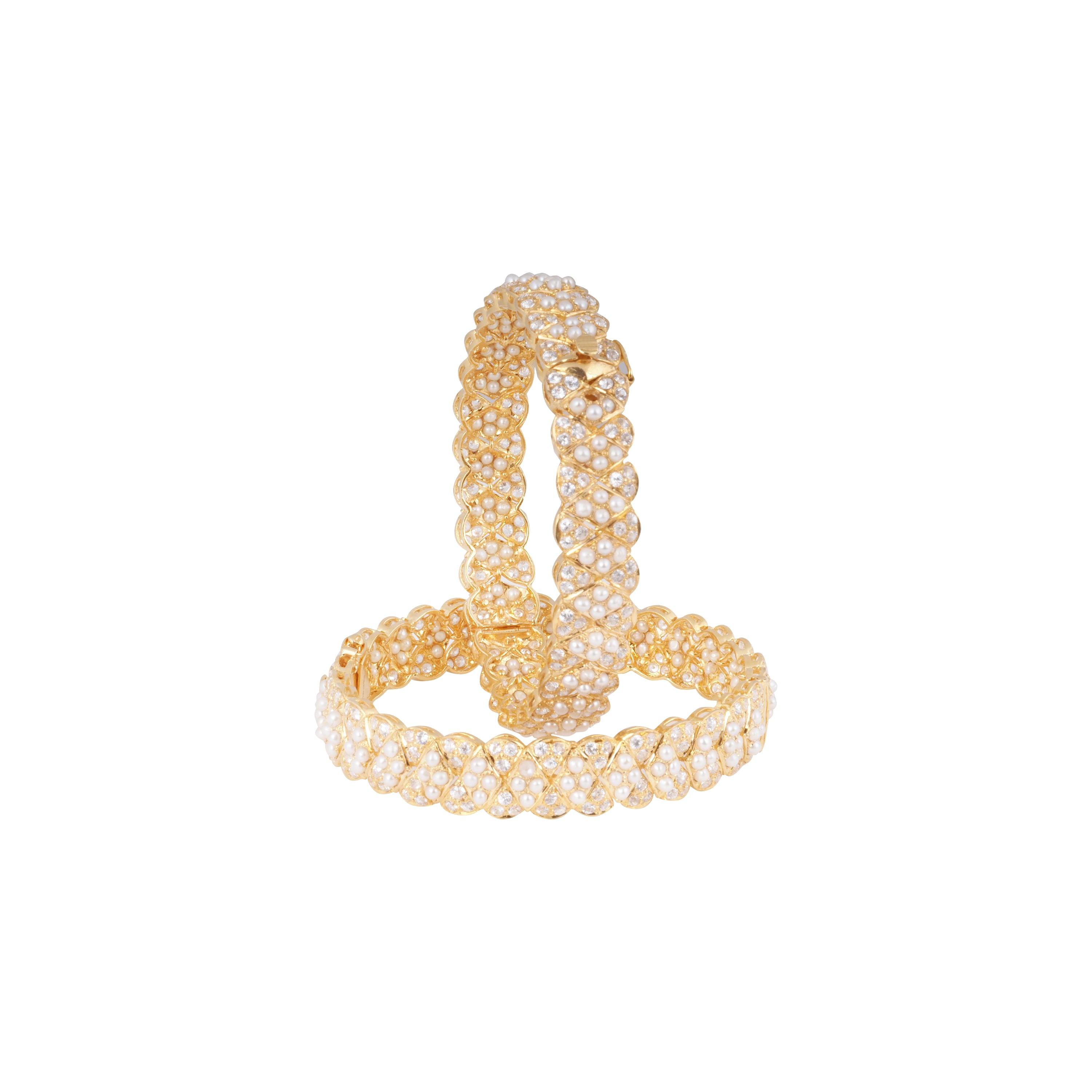 22ct Gold Openable Bangle in Cultured Pearls and Cubic Zirconia Stones with Tongue & Lip Clasp B-8597 - Minar Jewellers