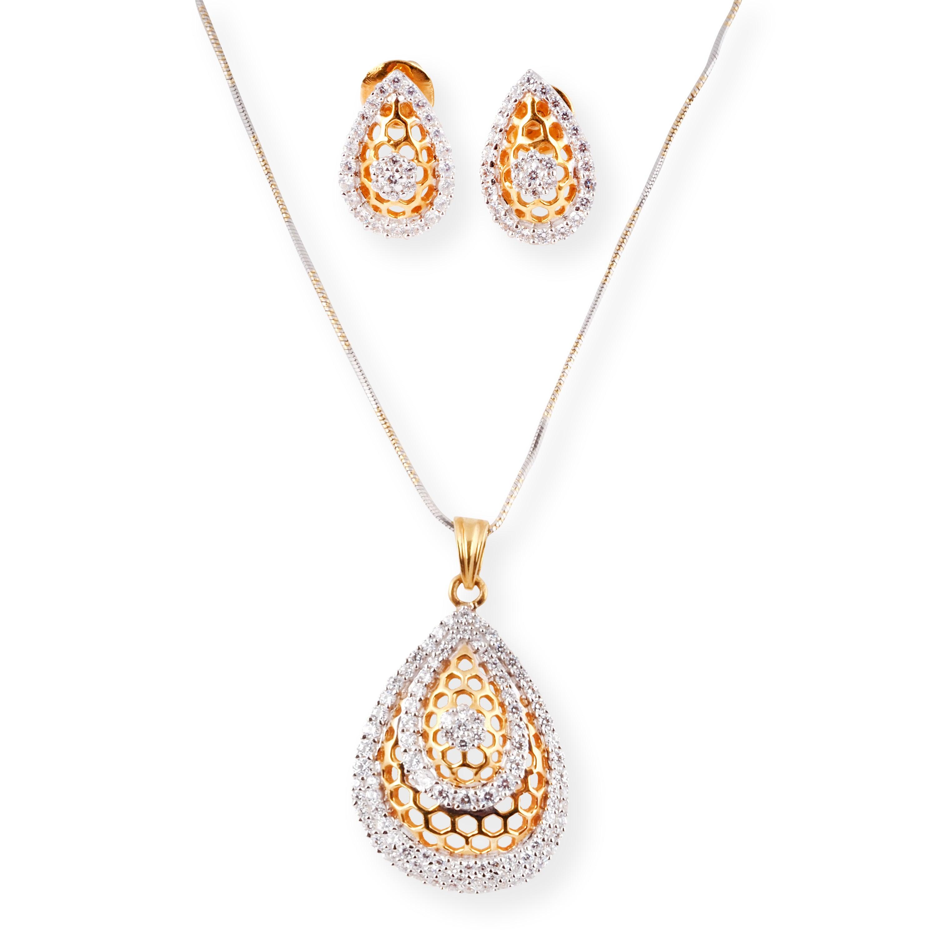 22ct Gold Pendant Set with White Cubic Zirconia Stones (Pendant + Chain + Stud Earrings)-15064 - Minar Jewellers