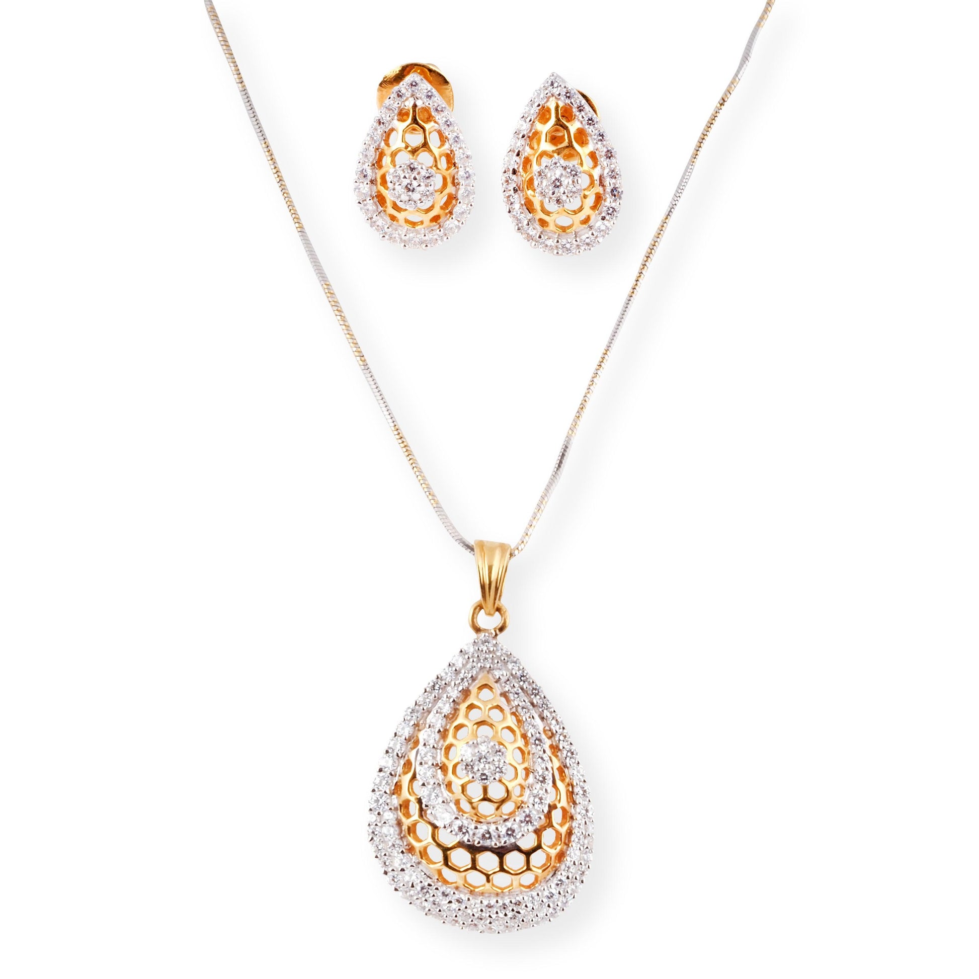 22ct Gold Pendant Set with White Cubic Zirconia Stones (Pendant + Chain + Stud Earrings)-15064 - Minar Jewellers