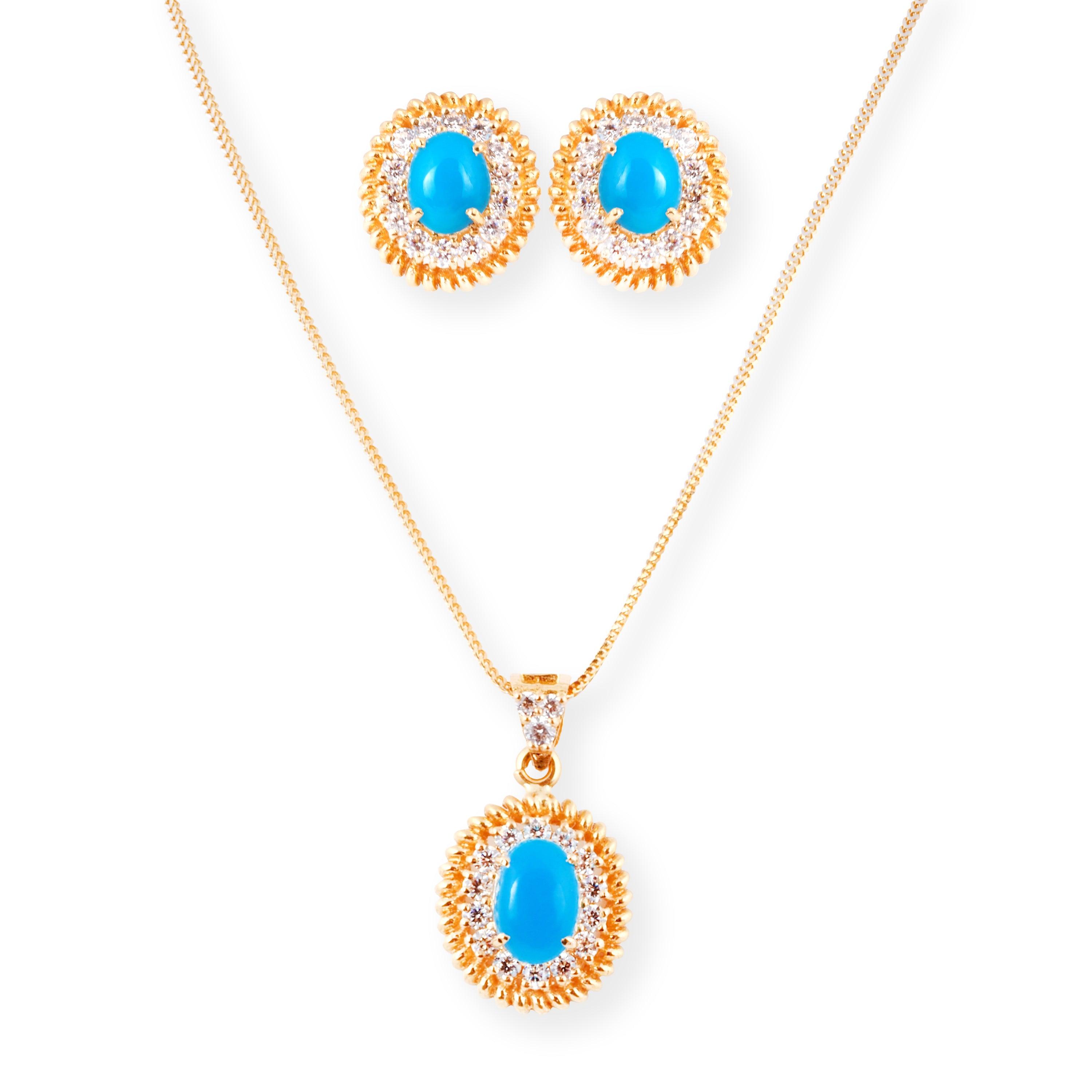 22ct Gold Set with Turquoise and Cubic Zirconia Stones (Pendant + Chain + Earrings)-8542 - Minar Jewellers