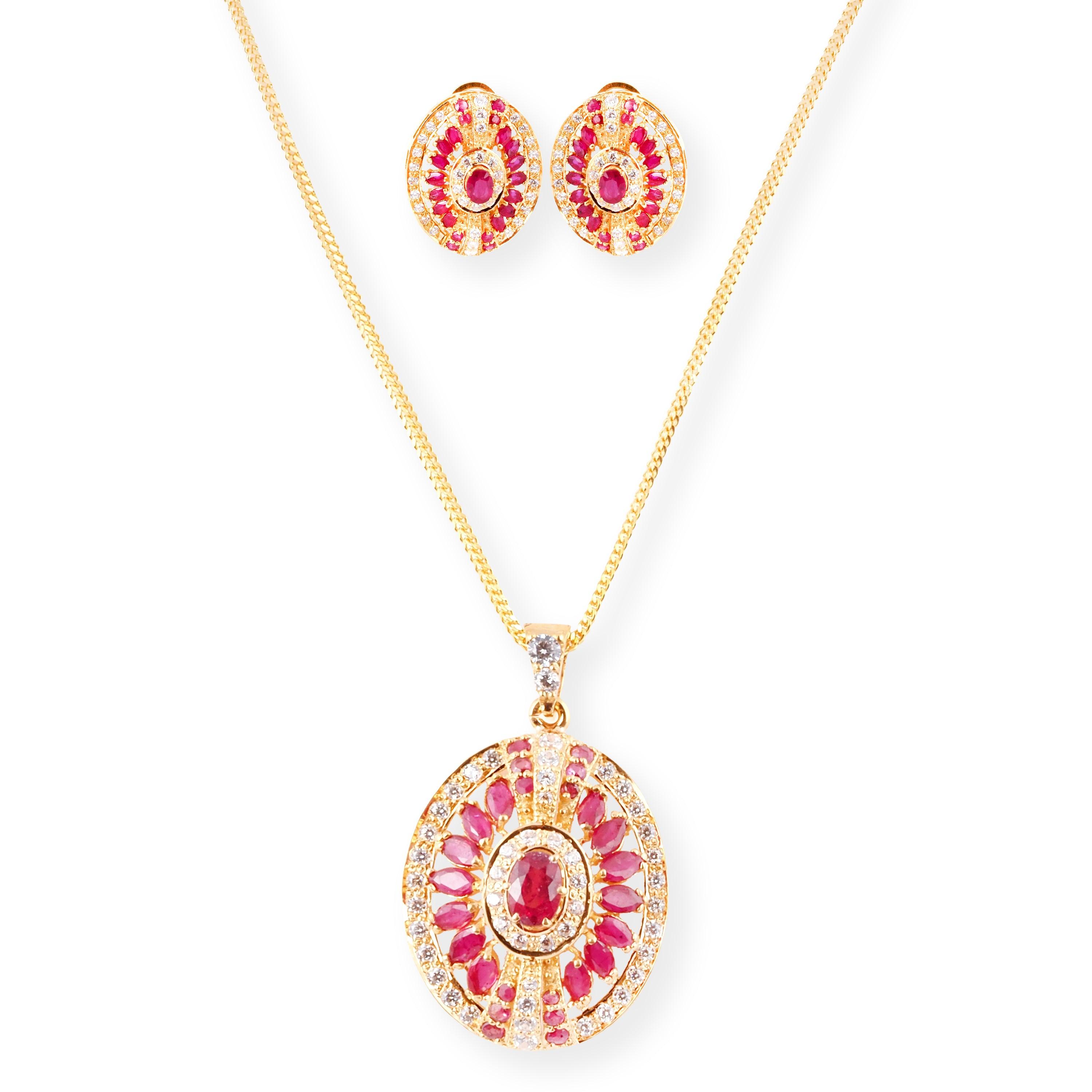 22ct Gold Set with Red & White Cubic Zirconia Stones (Pendant + Chain + Stud Earrings)-8540 - Minar Jewellers