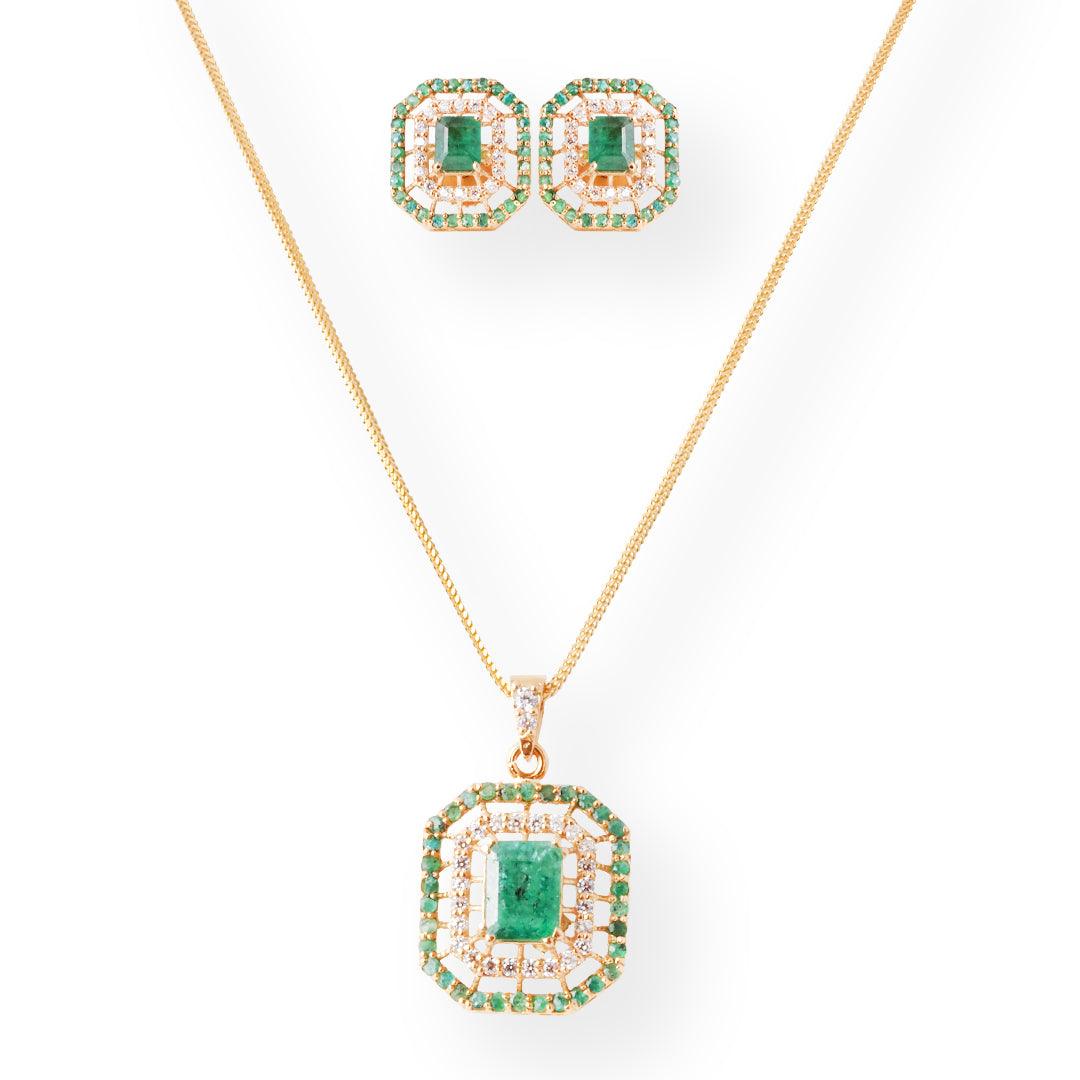 22ct Gold Set with Green & White Cubic Zirconia Stones (Pendant + Chain + Earrings)-8551 - Minar Jewellers