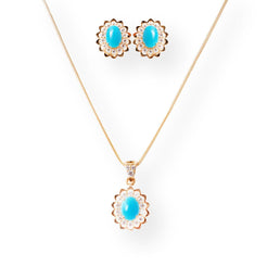 22ct Gold Set with Turquoise and Cubic Zirconia Stones (Pendant + Chain + Earrings)-8552 - Minar Jewellers