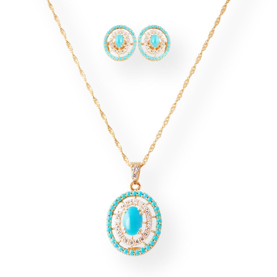 22ct Gold Set with Turquoise and Cubic Zirconia Stones (Pendant + Chain + Earrings)-8549 - Minar Jewellers