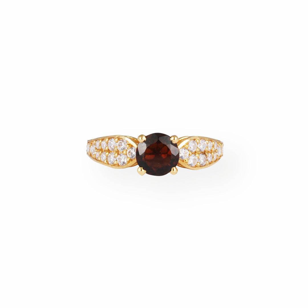 22ct Gold Ring with White Cubic Zirconia and Dark Red Centre Stone-7112 - Minar Jewellers