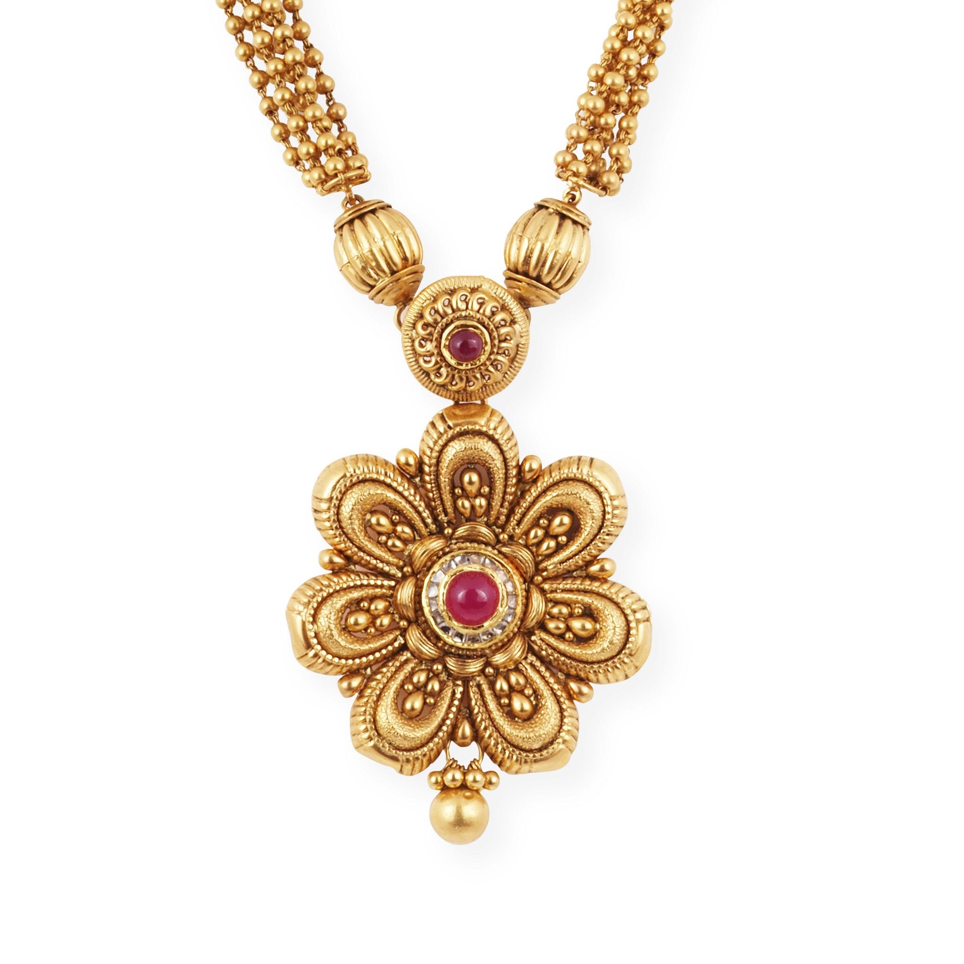 22ct Gold Antiquated Look Design Necklace Suite with Cubic Zirconia Stones & Hook Clasp-5191 - Minar Jewellers