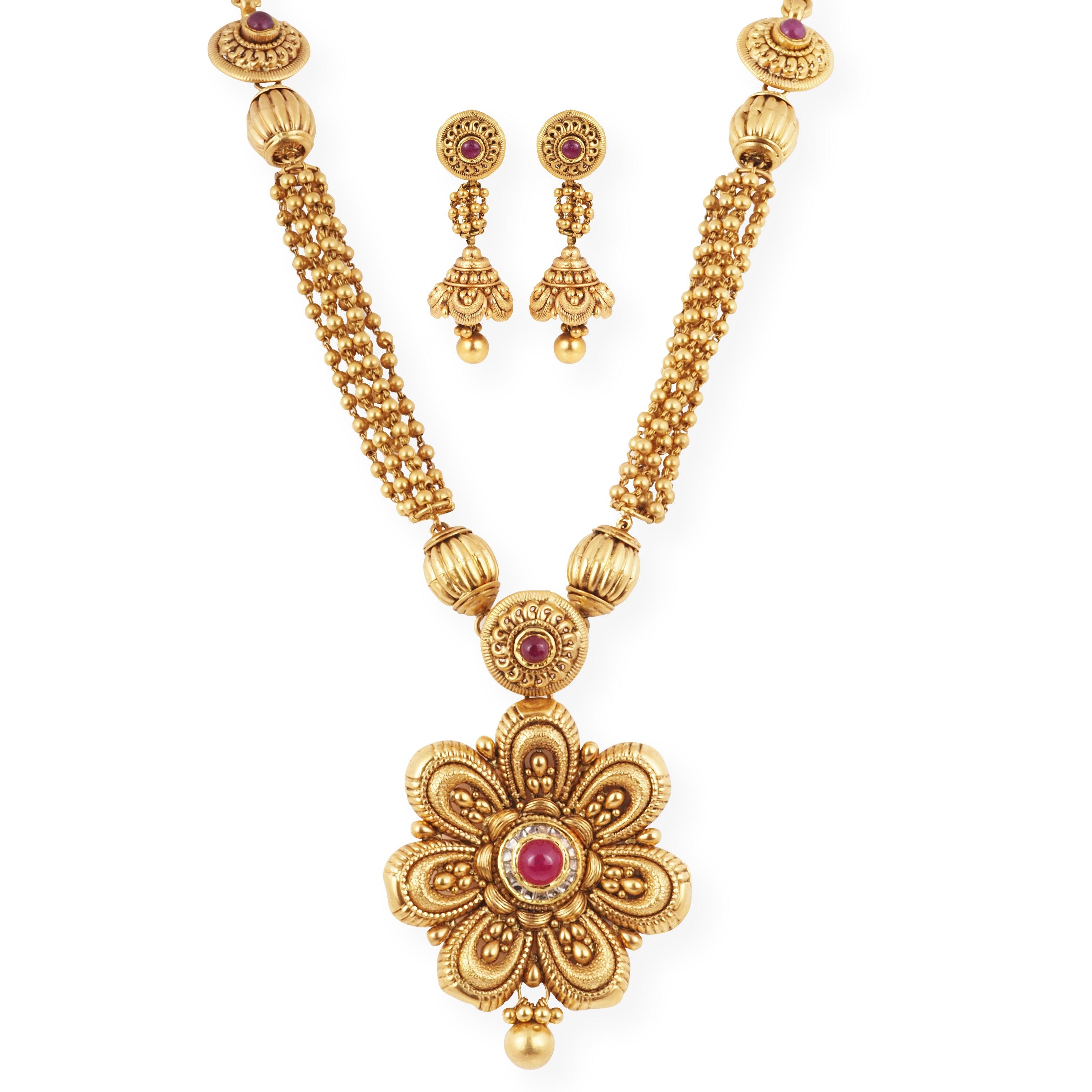 22ct Gold Antiquated Look Design Necklace Suite with Cubic Zirconia Stones & Hook Clasp-5191 - Minar Jewellers