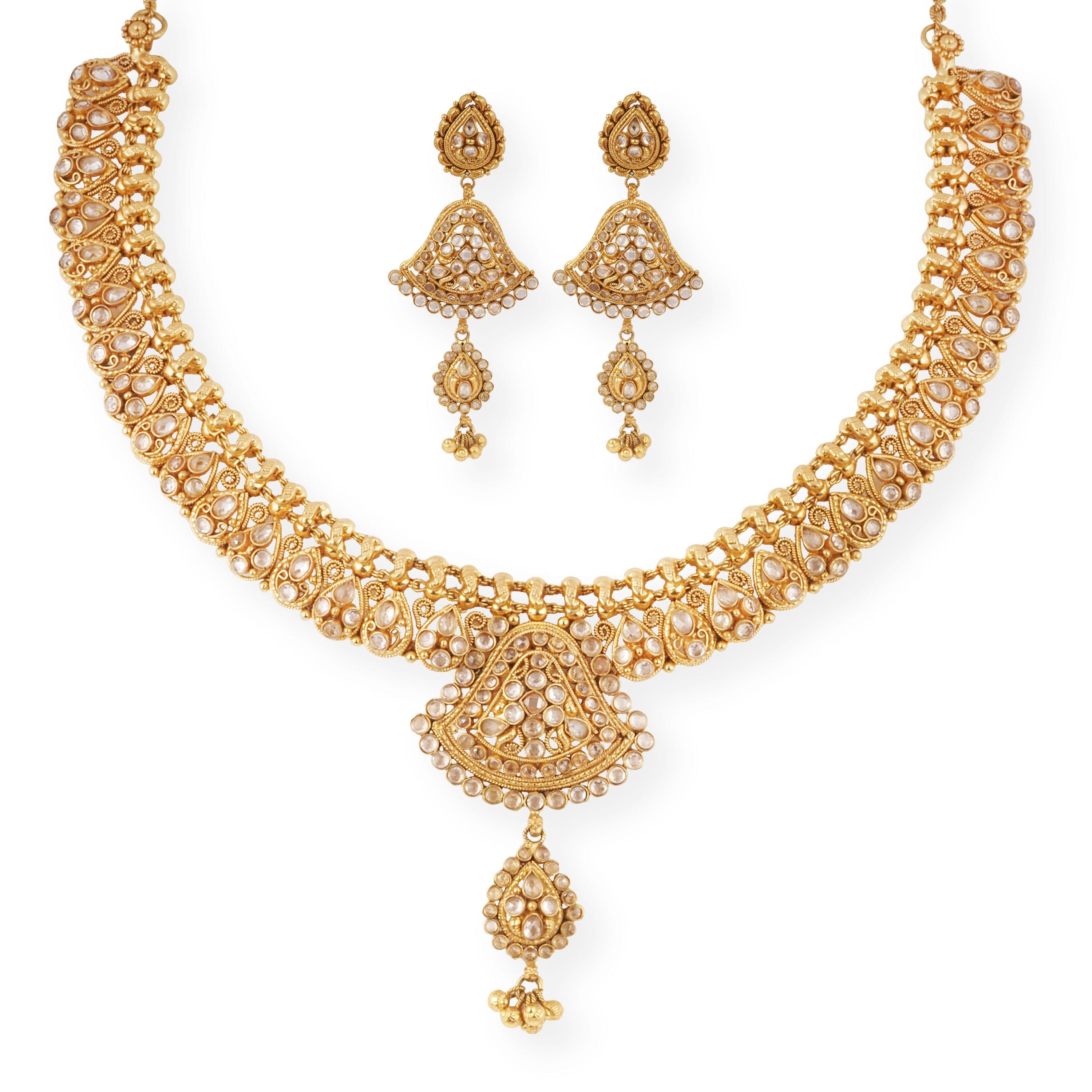 22ct Gold Antiquated Look Design Necklace with Cubic Zirconia Stones & Hook Clasp-8608 - Minar Jewellers