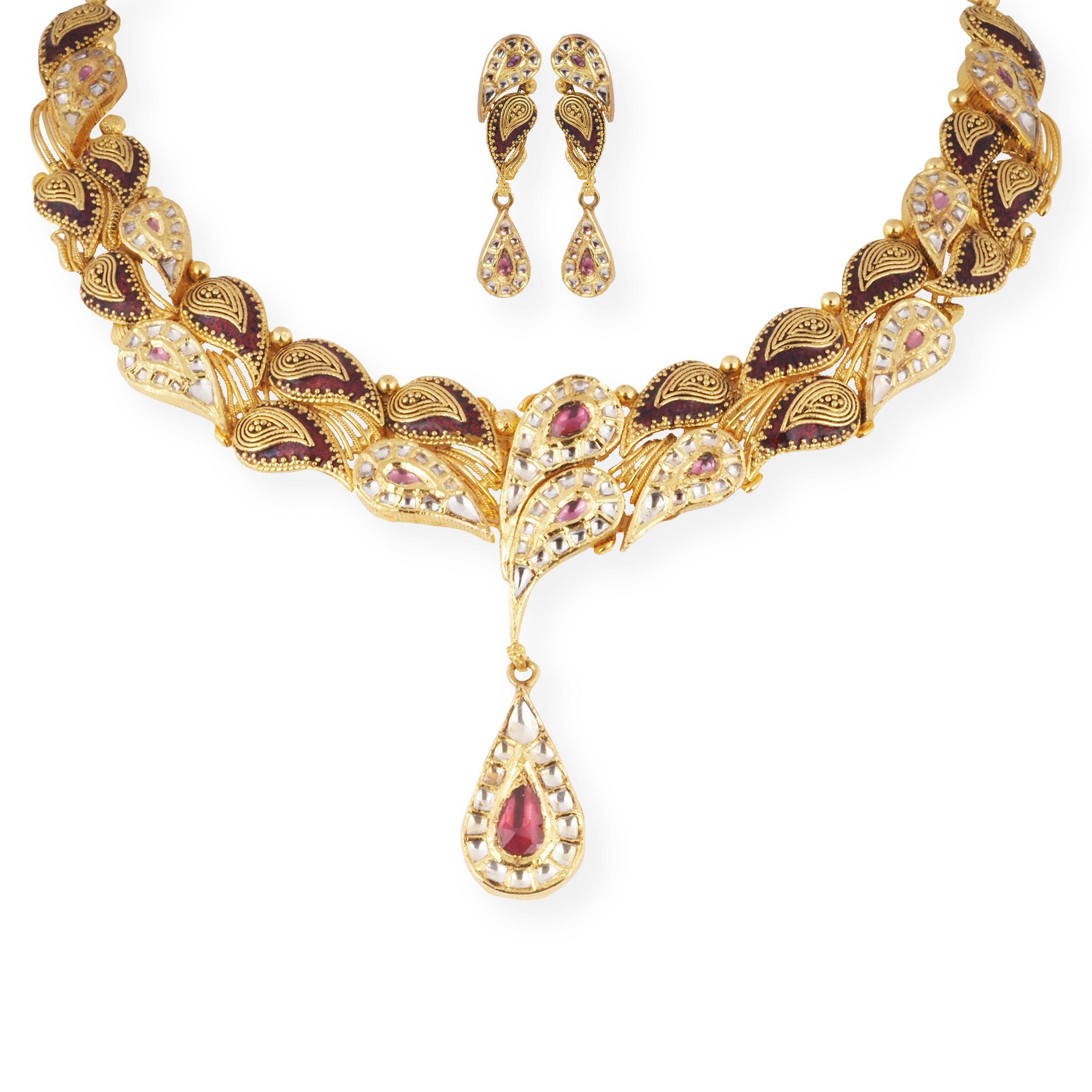 22ct Yellow Gold Antiquated Look Cubic Zirconia & Coloured Stones Necklace-5202 - Minar Jewellers