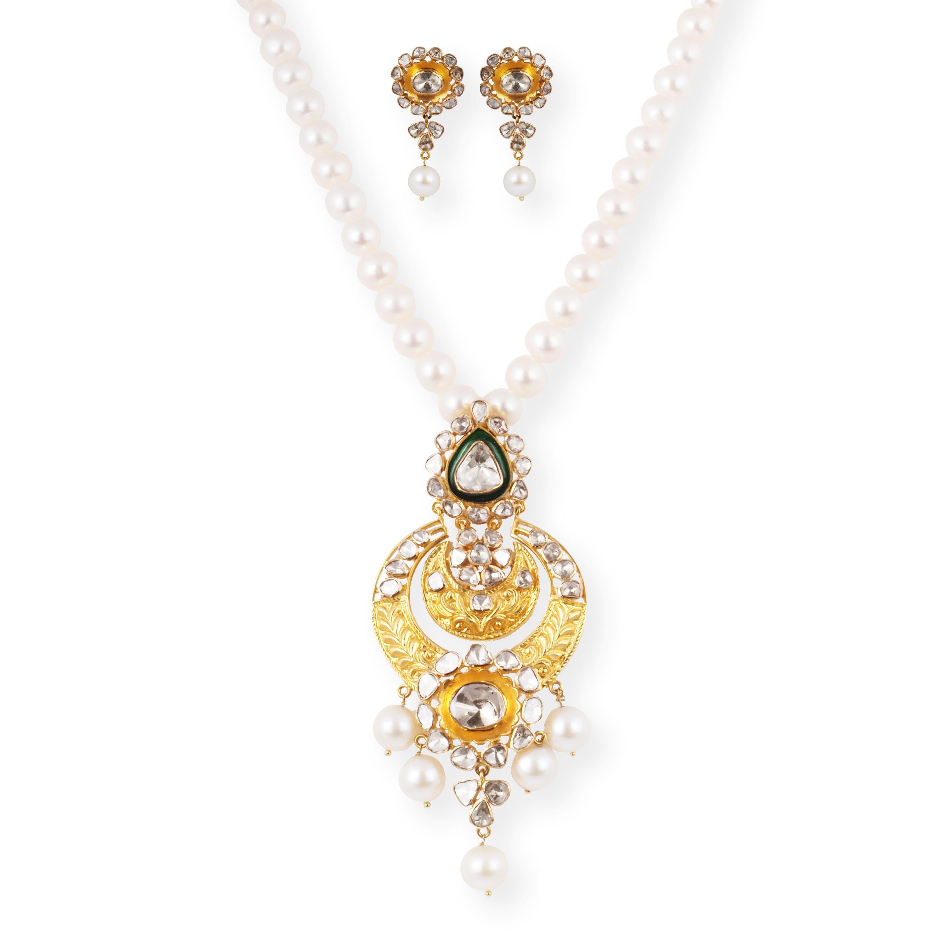 18ct Yellow Gold Polki Diamond and Cultured Pearl Necklace and Earrings Suite VPE0919909 - Minar Jewellers
