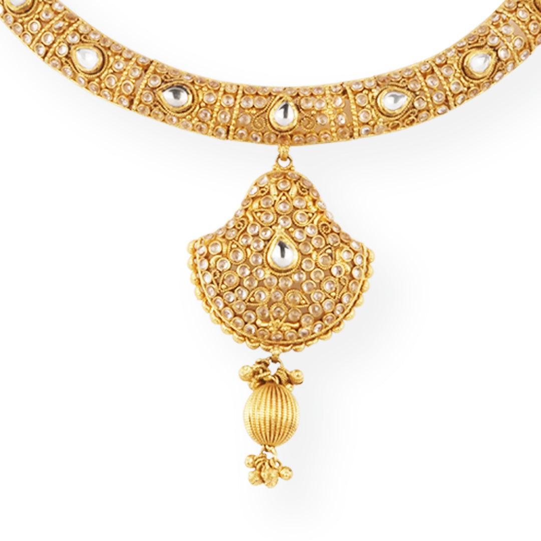 22ct Gold Antiquated Look Design Necklace with Cubic Zirconia Stones & Hook Clasp N-8607 E-8607 - Minar Jewellers