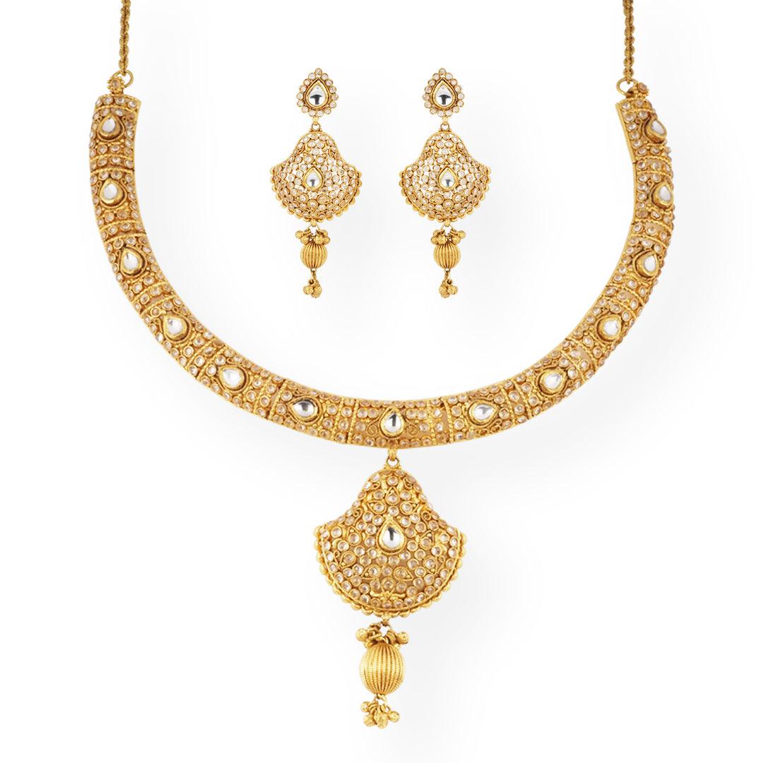 22ct Gold Antiquated Look Design Necklace with Cubic Zirconia Stones & Hook Clasp N-8607 E-8607