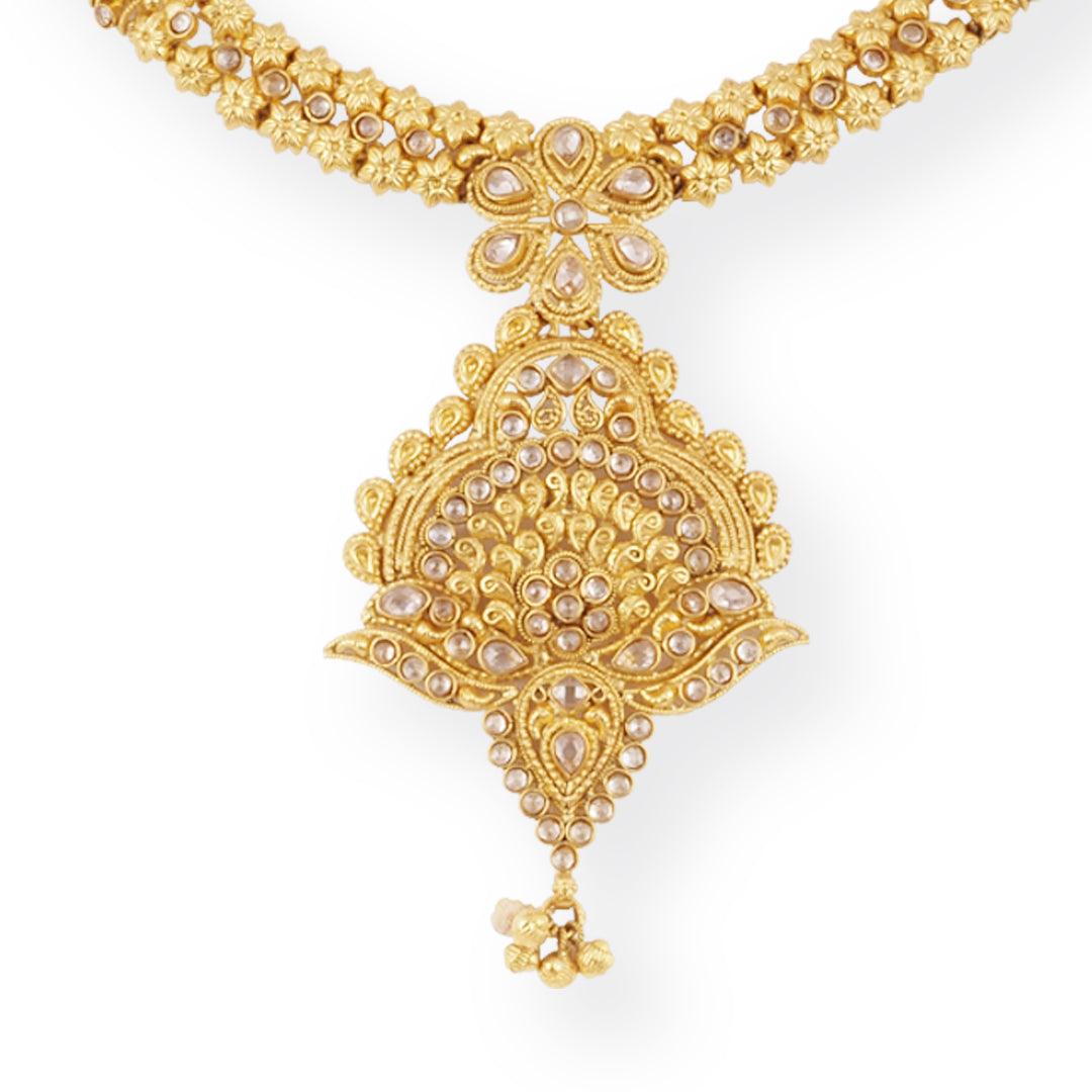 22ct Gold Antiquated Look Design Necklace with Cubic Zirconia Stones & Hook Clasp N-8639 E-8639