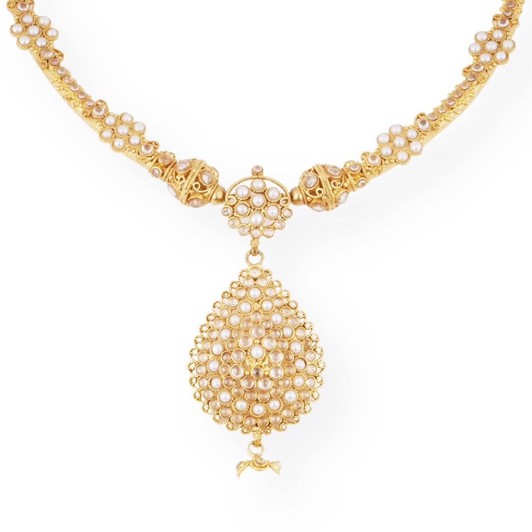 22ct Gold Antiquated Look Design Necklace with Cultured Pearls & Cubic Zirconia Stones & Hook Clasp N-8642 E-8642