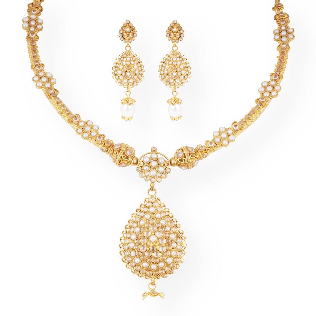 22ct Gold Antiquated Look Design Necklace with Cultured Pearls & Cubic Zirconia Stones & Hook Clasp N-8642 E-8642 - Minar Jewellers