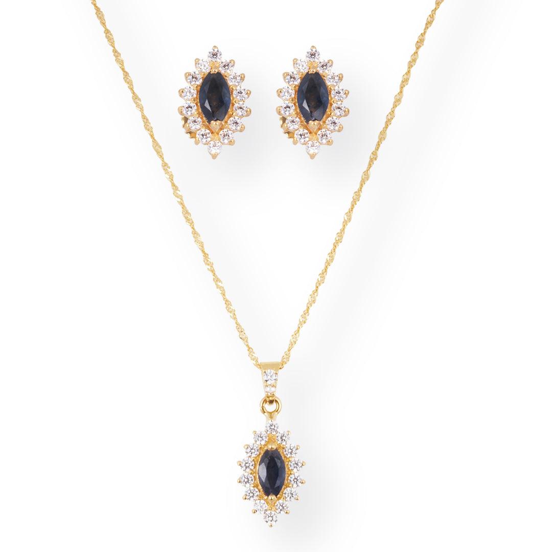 22ct Gold Set in Dark Blue & White Cubic Zirconia Stones (Pendant + Chain + Earrings)-8637