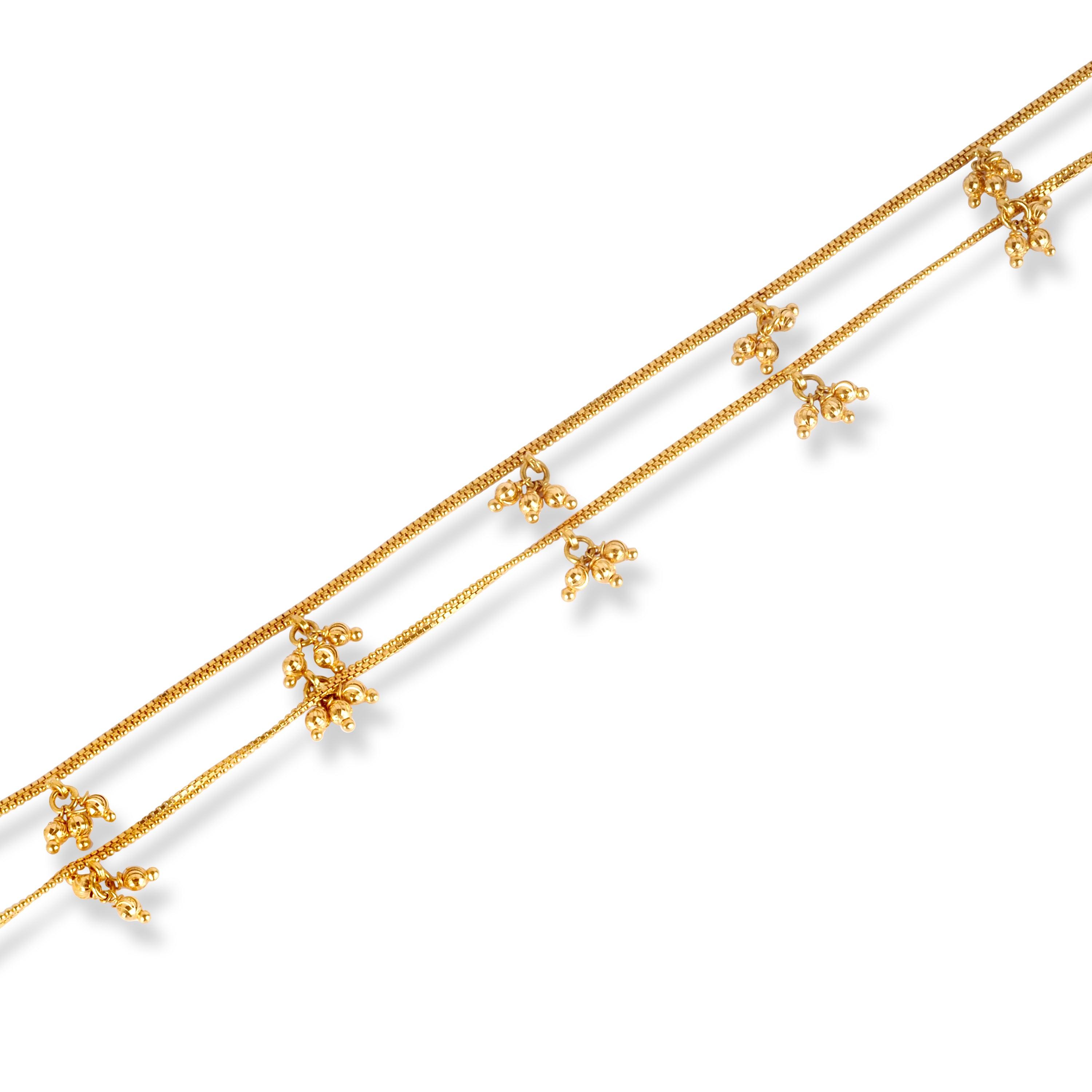Pair of 22ct Gold Anklets in Box Chain Design with Ghughri Charm Drops & '' S '' Clasp A-8270 - Minar Jewellers