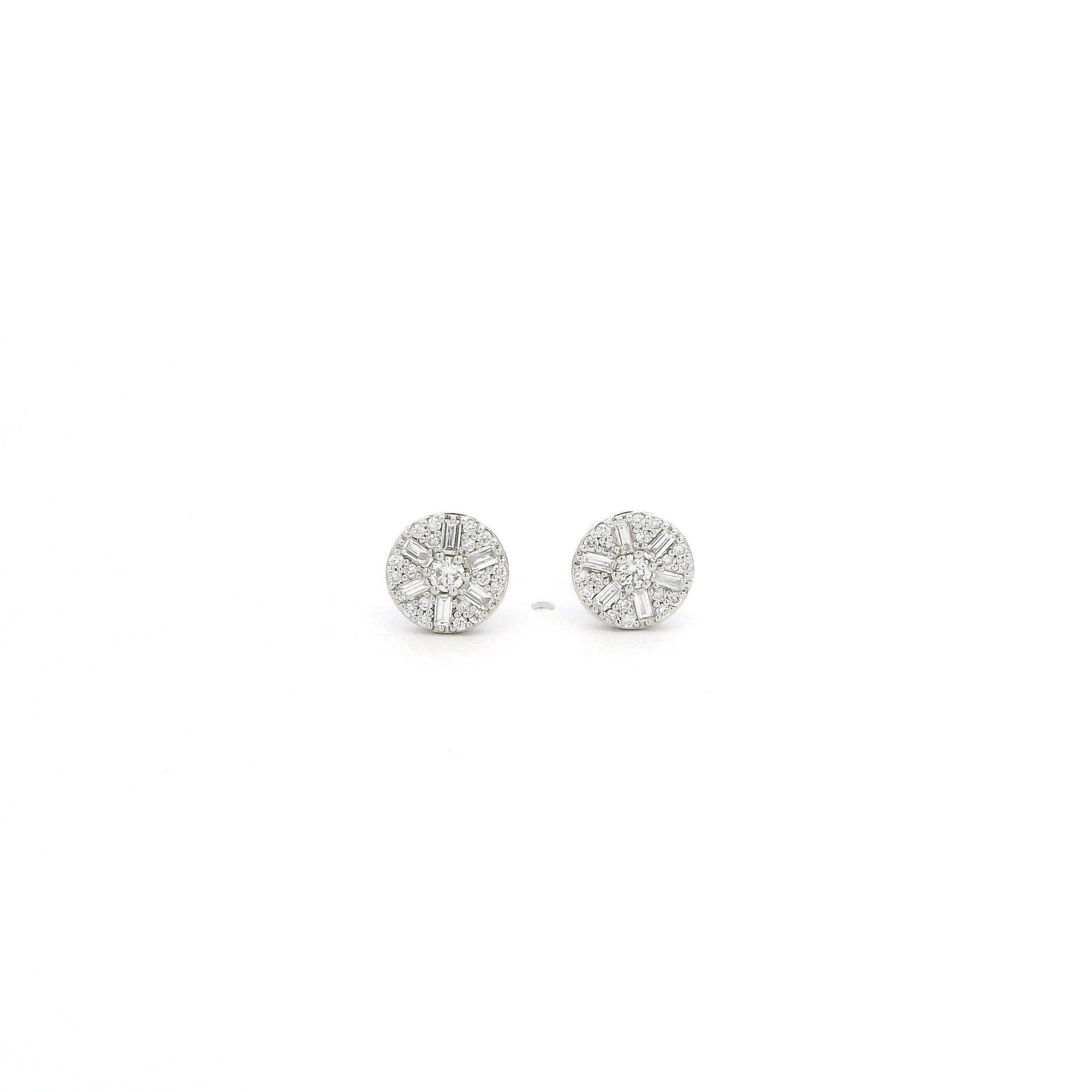 Platinum Diamond Stud Earrings – Circular Cluster with Round & Baguette Diamonds