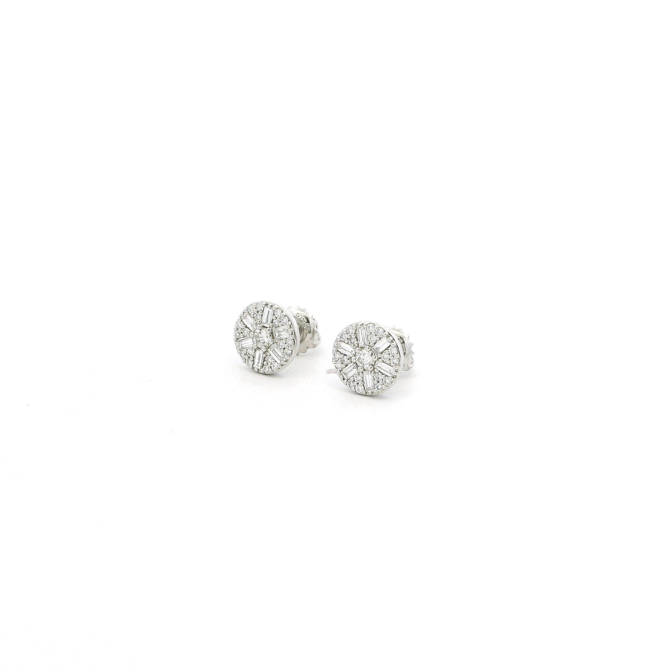 Platinum Diamond Stud Earrings – Circular Cluster with Round & Baguette Diamonds