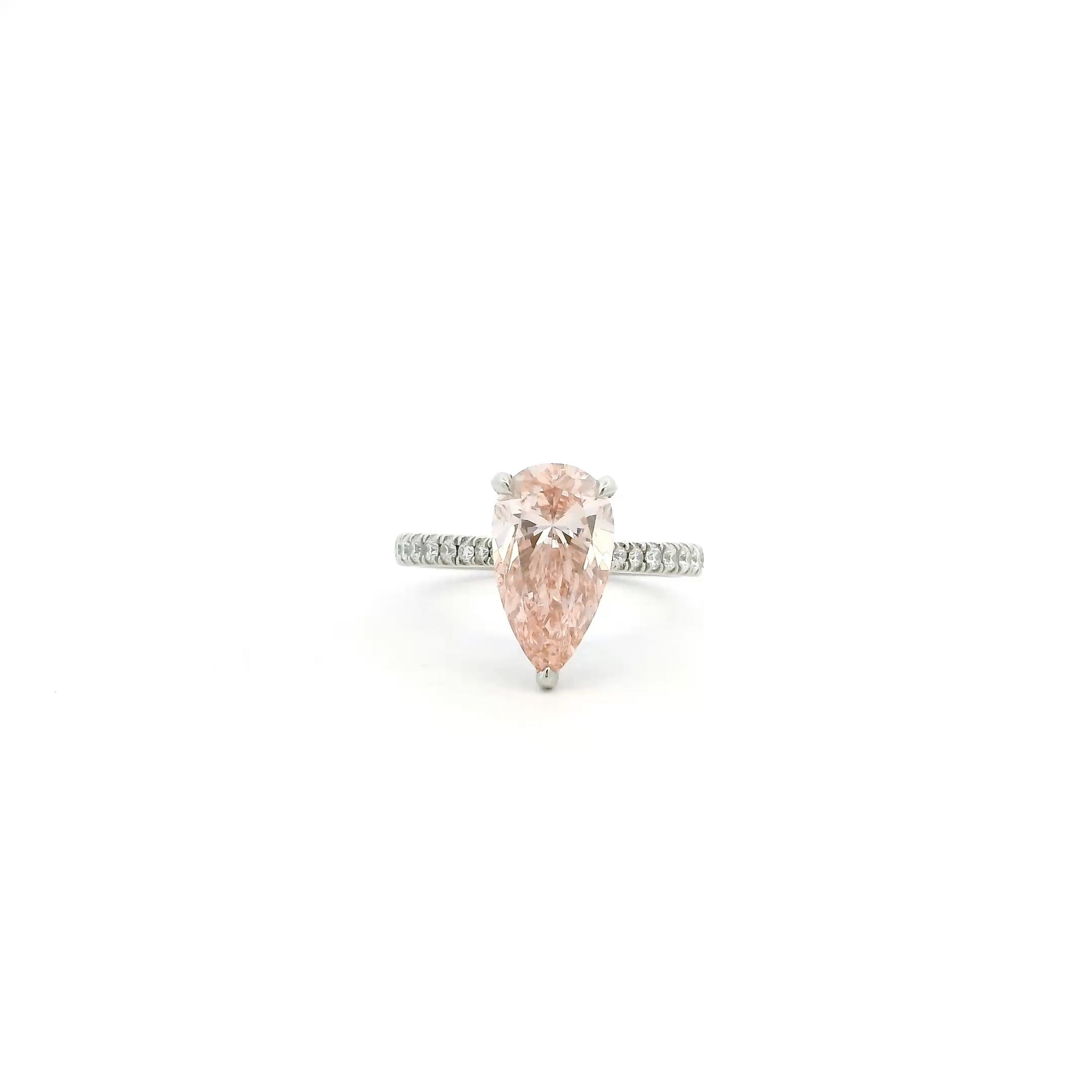 Platinum Lab Grown Diamond Ring with Pear Shape Vivid Pink Diamond, Hidden Halo & Brilliant Cut Diamonds on Shoulder