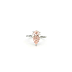 Platinum Lab Grown Diamond Ring with Pear Shape Vivid Pink Diamond, Hidden Halo & Brilliant Cut Diamonds on Shoulder