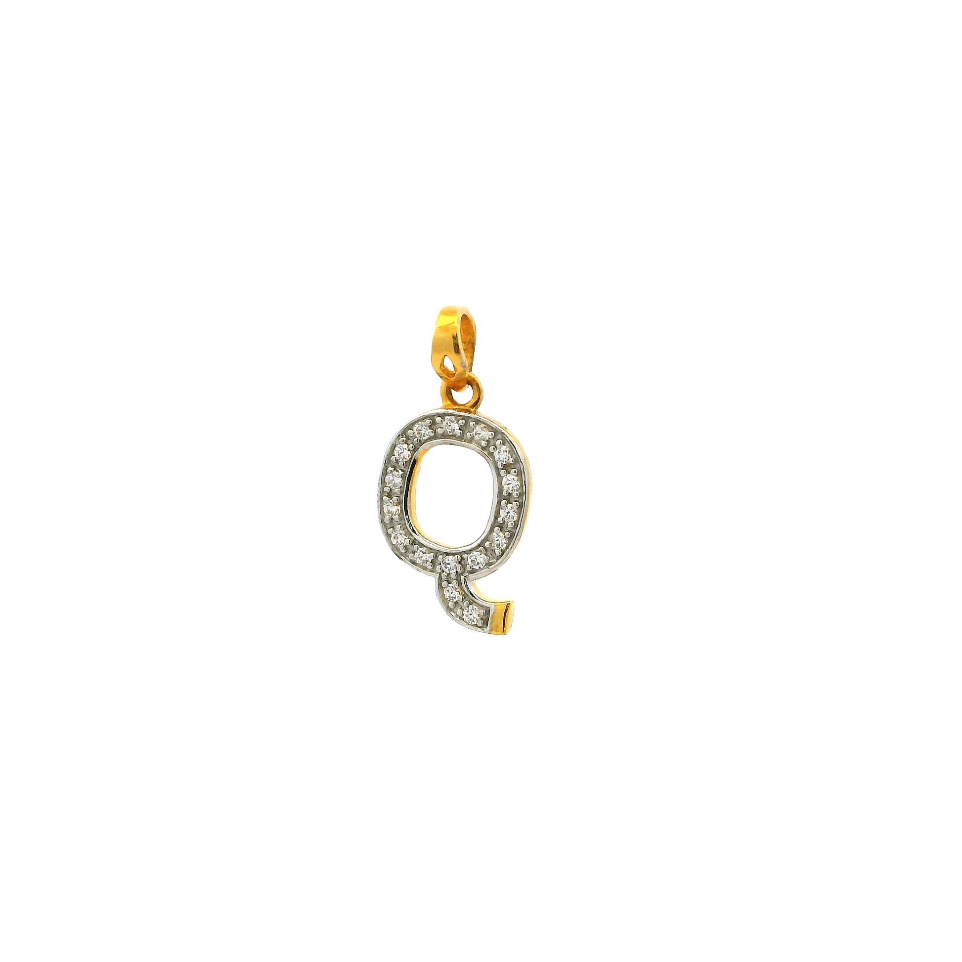 22ct gold 'Q' initial pendant showcasing Swarovski zirconia detailing