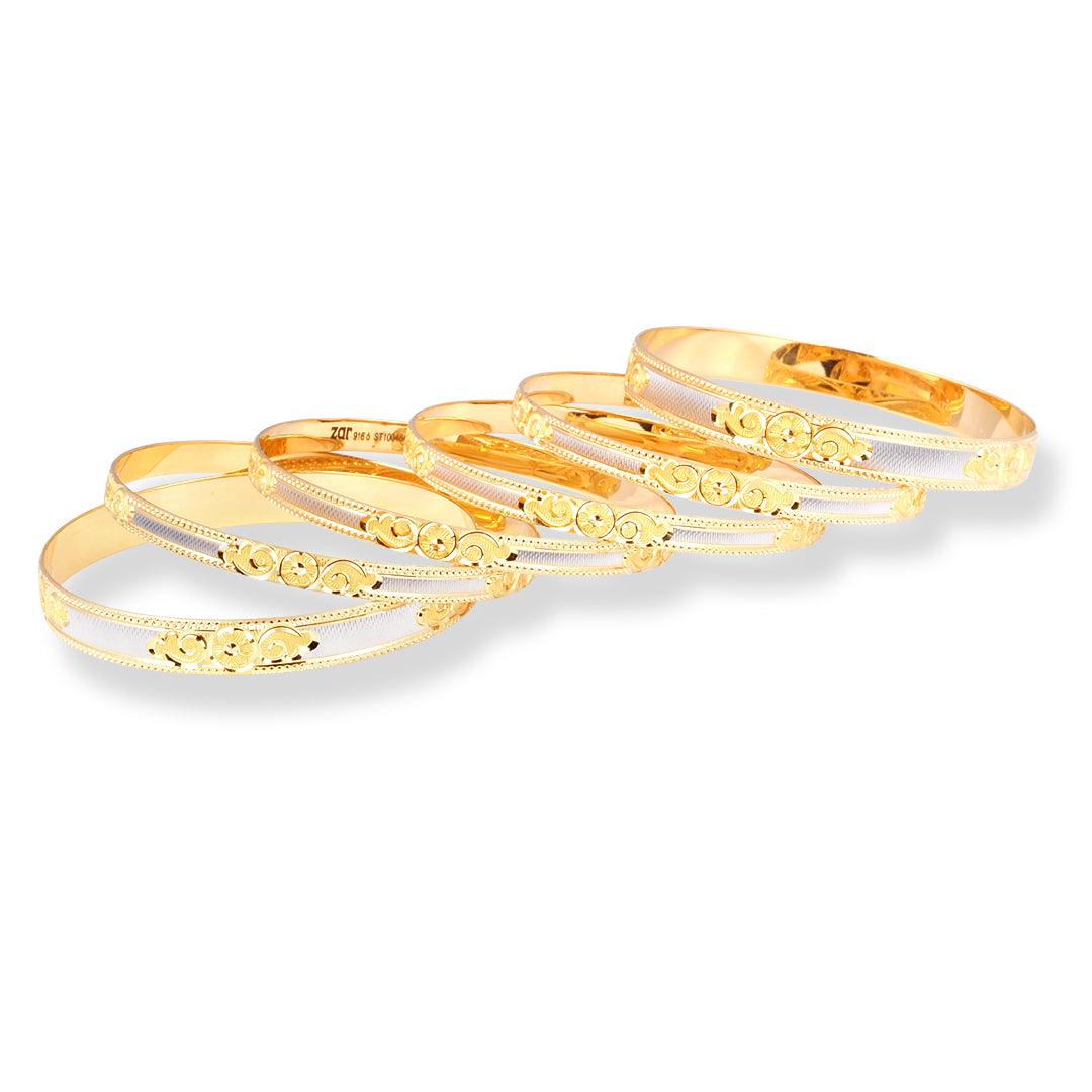 Set of Six 22ct Gold Bangles with Rhodium Plating and Flower Design B-8601 - Minar Jewellers