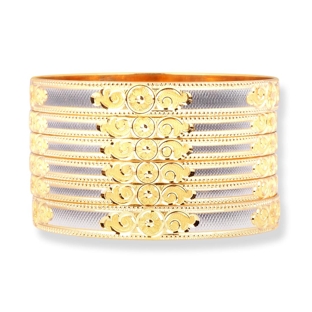Set of Six 22ct Gold Bangles with Rhodium Plating and Flower Design B-8601 - Minar Jewellers