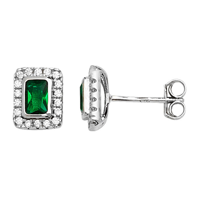 Sterling Silver Green Cubic Zirconia Rectangle Stud Earrings with Halo – Elegant Women’s Jewellery