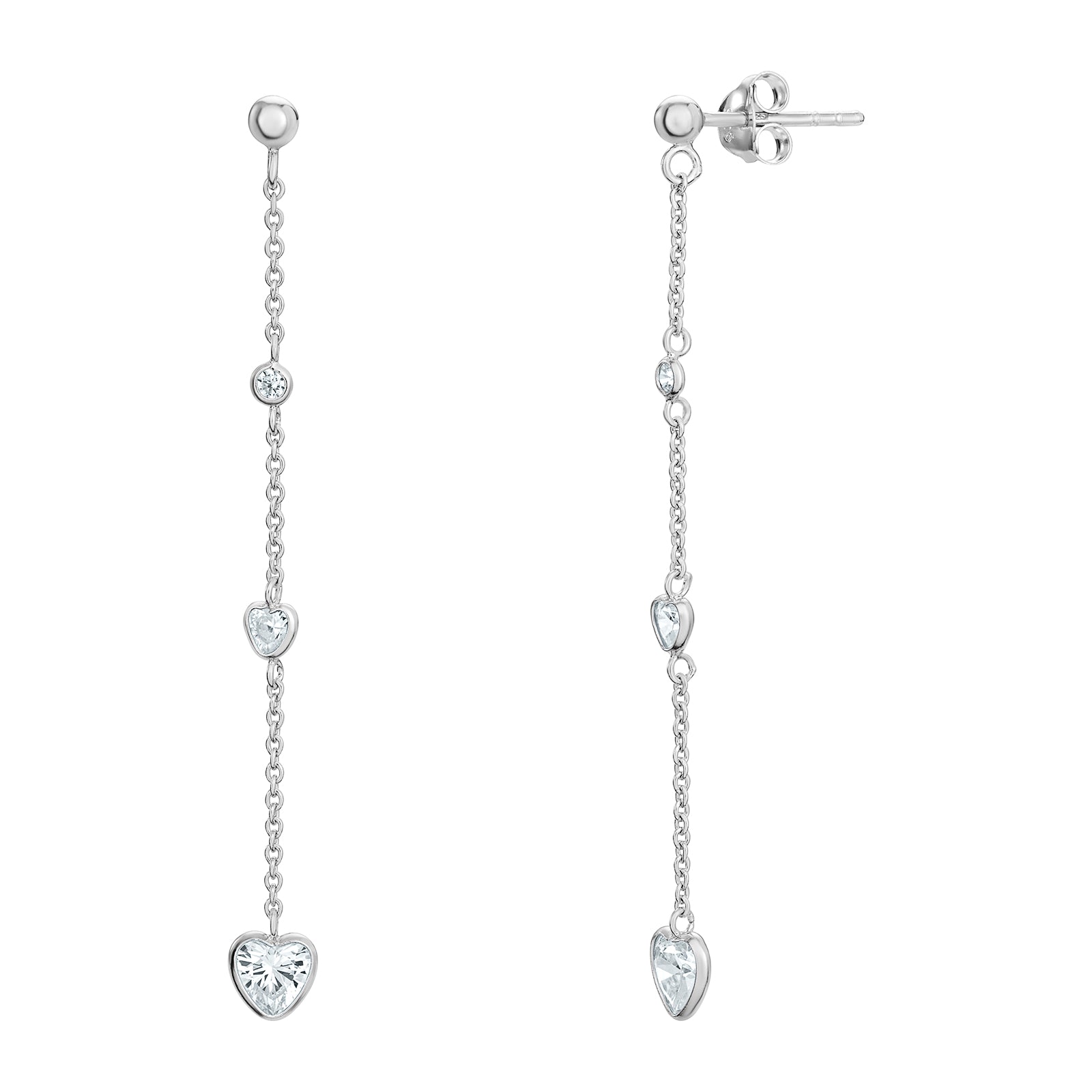 Silver chain earrings with heart-shaped drops on a white background