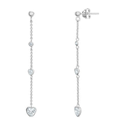 Silver chain earrings with heart-shaped drops on a white background