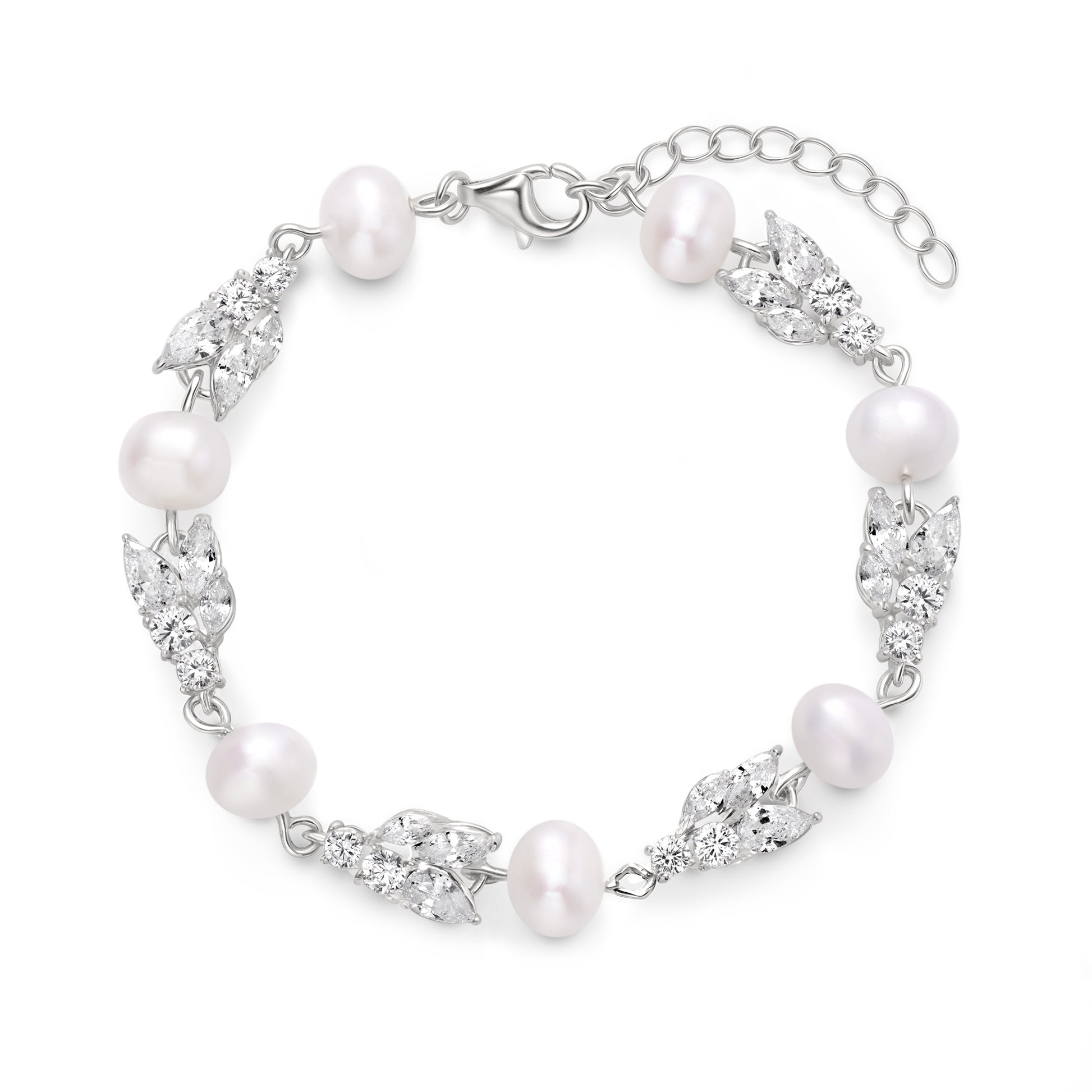 Sterling Silver Natural Pearl Bracelet – Cubic Zirconia Floral Link Detail