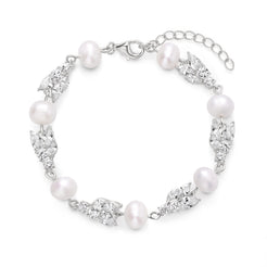 Sterling Silver Natural Pearl Bracelet – Cubic Zirconia Floral Link Detail
