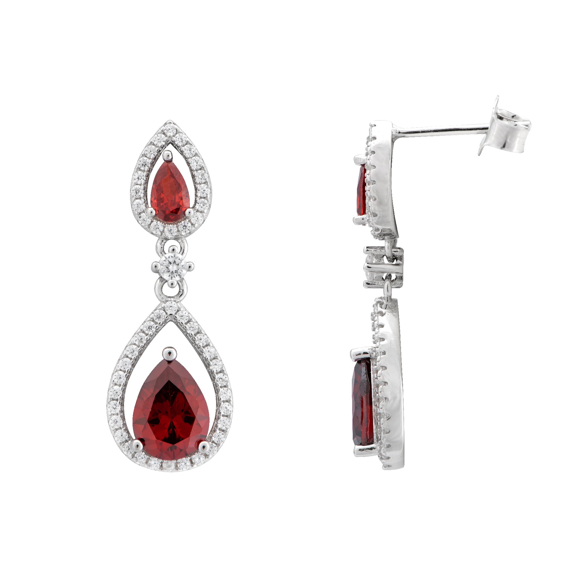 Sterling Silver Rhodium Plated Earrings – Red Garnet and Cubic Zirconia Drop