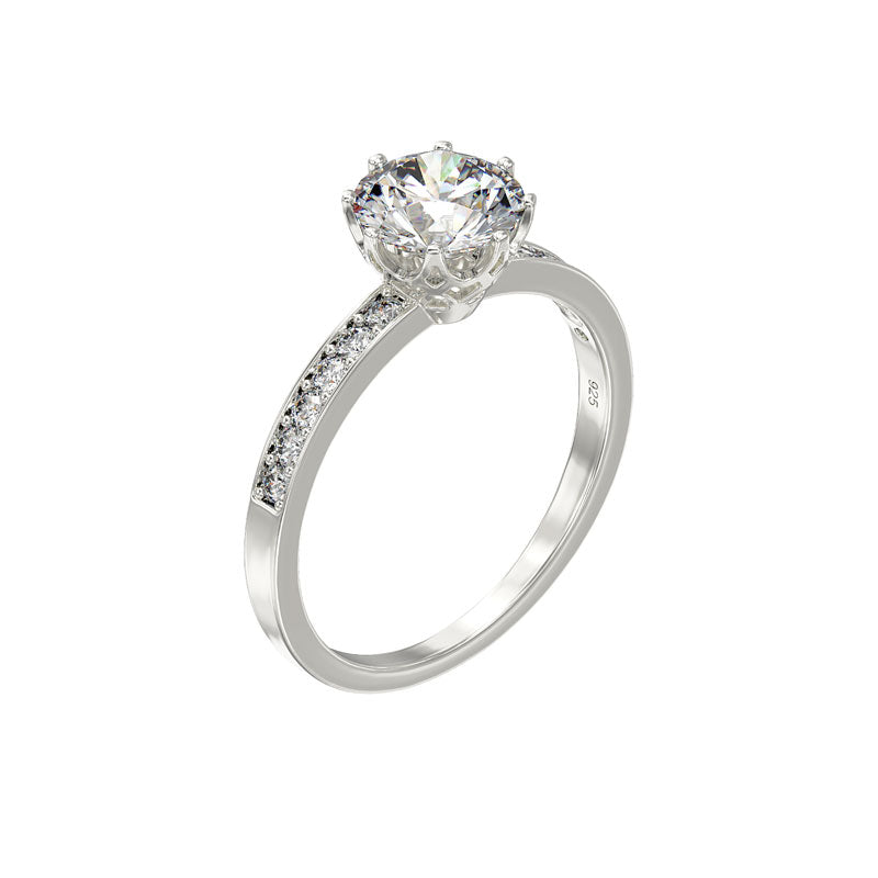 Sterling Silver Ring with Cubic Zirconia – Classic Solitaire with Stone Set Shoulders